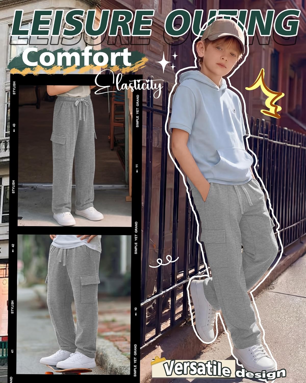 Boys Cargo Sweatpants Active Open Bottom Pants 6-16 Years Elastic Drawstring Casual Workout Joggers with 4 Pockets - Image 6