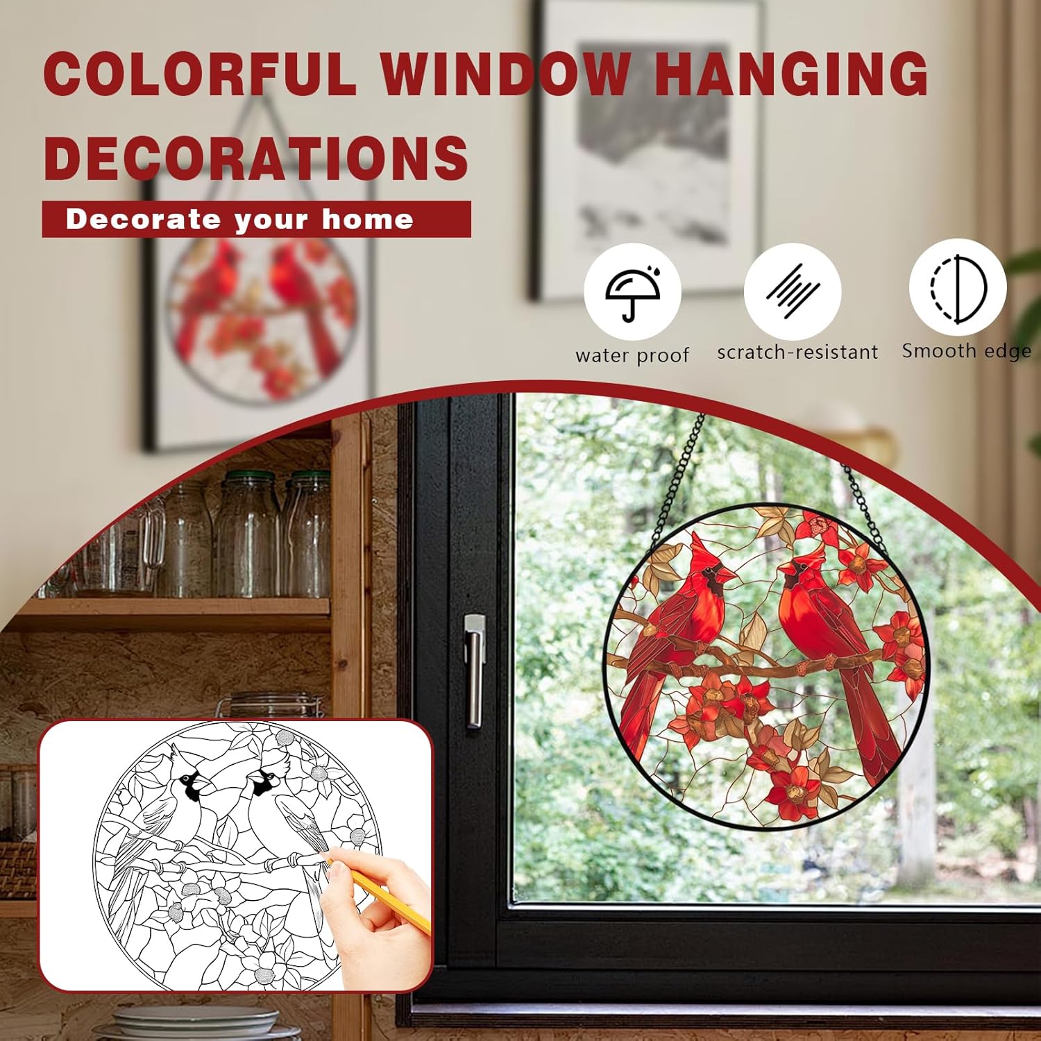 Stained Glass Style Cardinal Suncatcher, 7.87 Inch (20cm) Round Real Glass Window Hanging with Gift Box and Chain, Bird Decor Gift - Image 4
