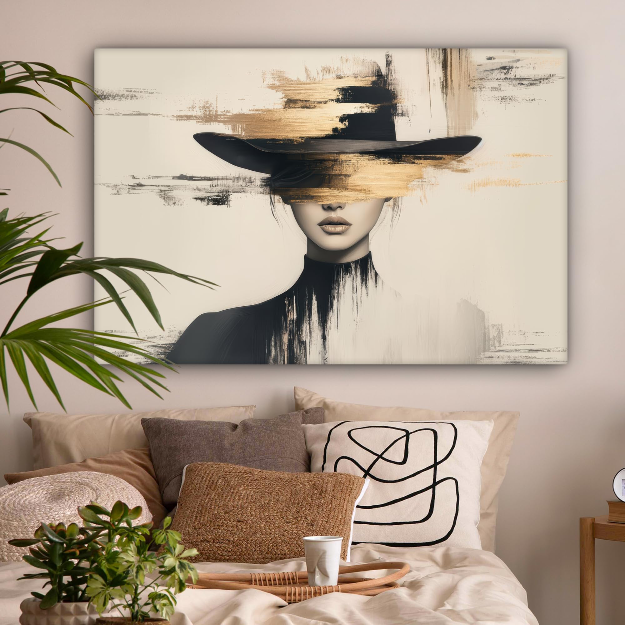 MuchoWow© Quadro Moderno Soggiorno 120x80 cm Decorazioni Da Parete Quadri Su Tela Da Salotto Grandi Foto Con Cornice Stampe Su Tela Camera Da Letto Donna - Cappello - Pittura