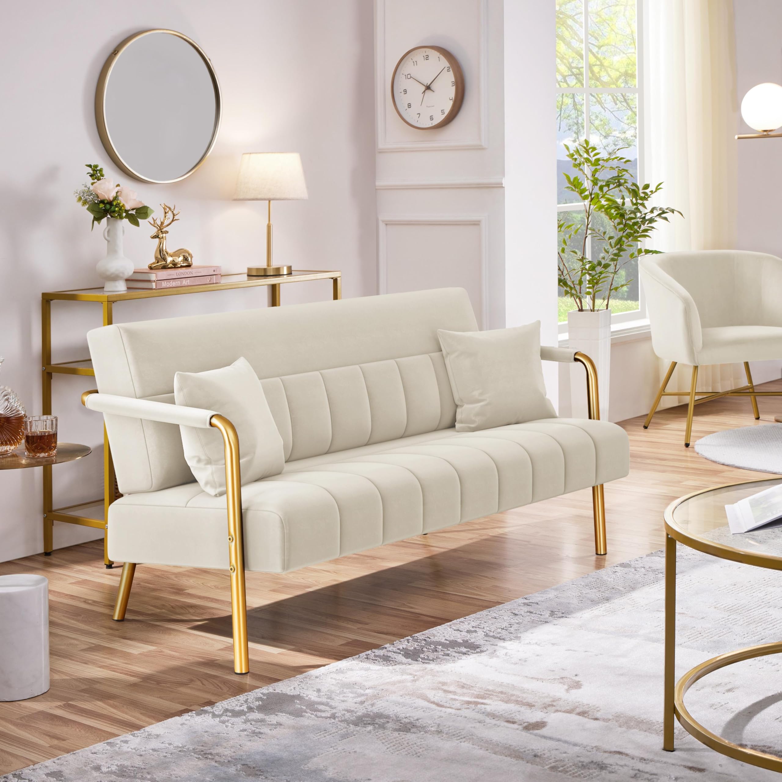 Yaheetech Polstersofa mit Armlehnen & Beine aus Metall Modernes Zweisitzer-Sofa mit 2 Lendenkissen Loveseat fürs Wohnzimmer, Heimbüro Beige
