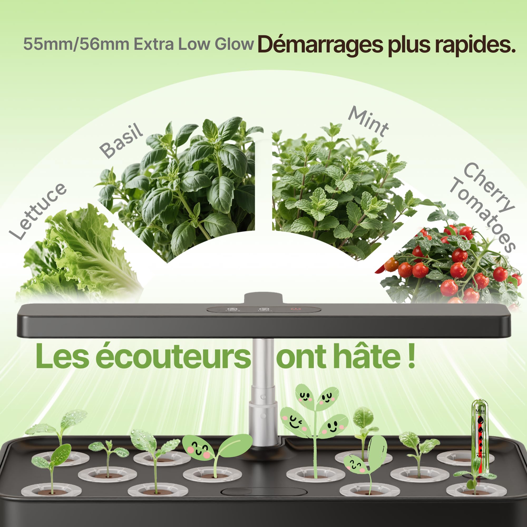 SUNCOZE Potager Hydroponique Smart avec 12 Paniers, Noir | Jardin d'Herbes avec Lampe LED 24W, Hauteur Réglable, Réservoir 4L, Pompe Intelligente Silencieuse, pour Maison et Cuisine