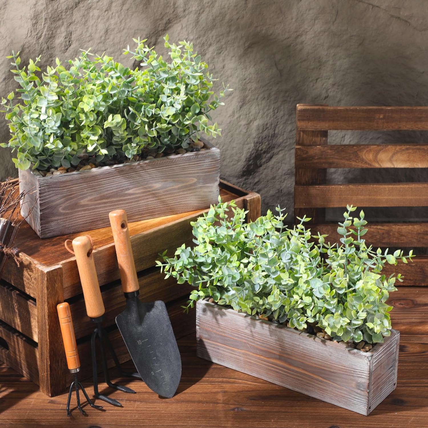 Lyrow 2 Pack Artificial Eucalyptus Plant in Rustic Rectangular Wooden Planter Box Greenery Faux Potted Herb Plant for Indoor Wedding Table Centerpiece Decor(Classic Color,11.4 x 3.7 x 7.8 Inches)