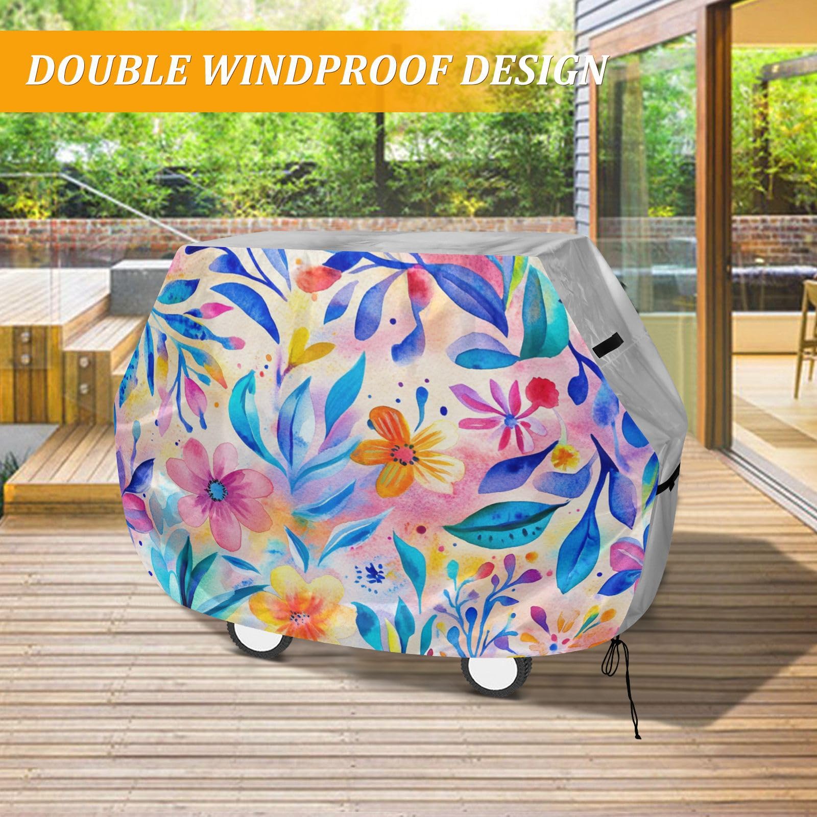 Kolorowy boho kwiatowy pokrowiec na grilla na patio 150 cm wodoodporny wytrzymały odporny na rozdarcie odporny na blaknięcie materiał pokrowiec na grilla z regulowanym sznurkiem na kurz i wiatr