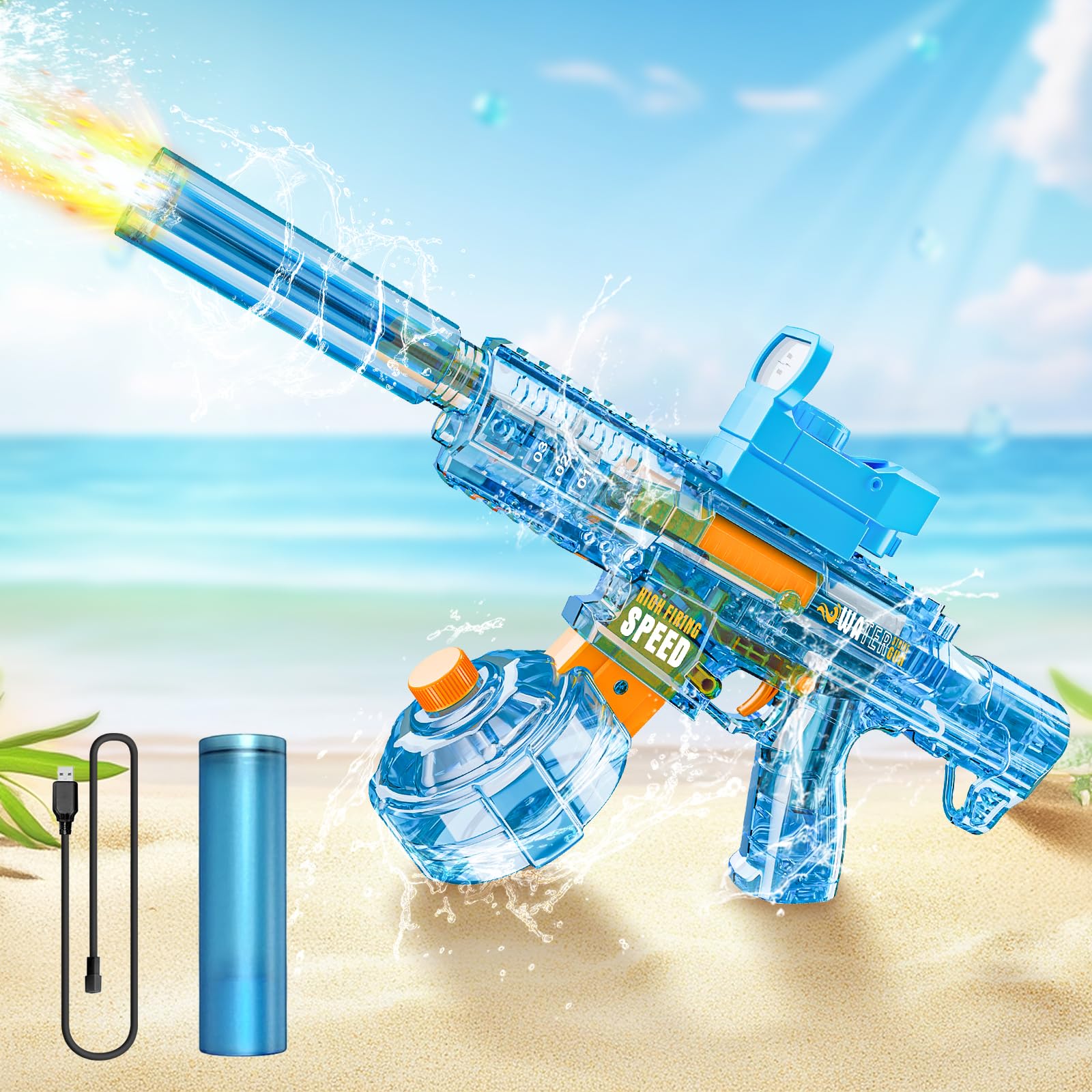 Pistola Elettrica ad Acqua per Adulti Bambini, Pistola ad Acqua Con Effetti Lampeggianti a Led, Fucile ad Acqua Automatico A Lunga Gittata per Feste, Piscina, Spiaggia (blu)