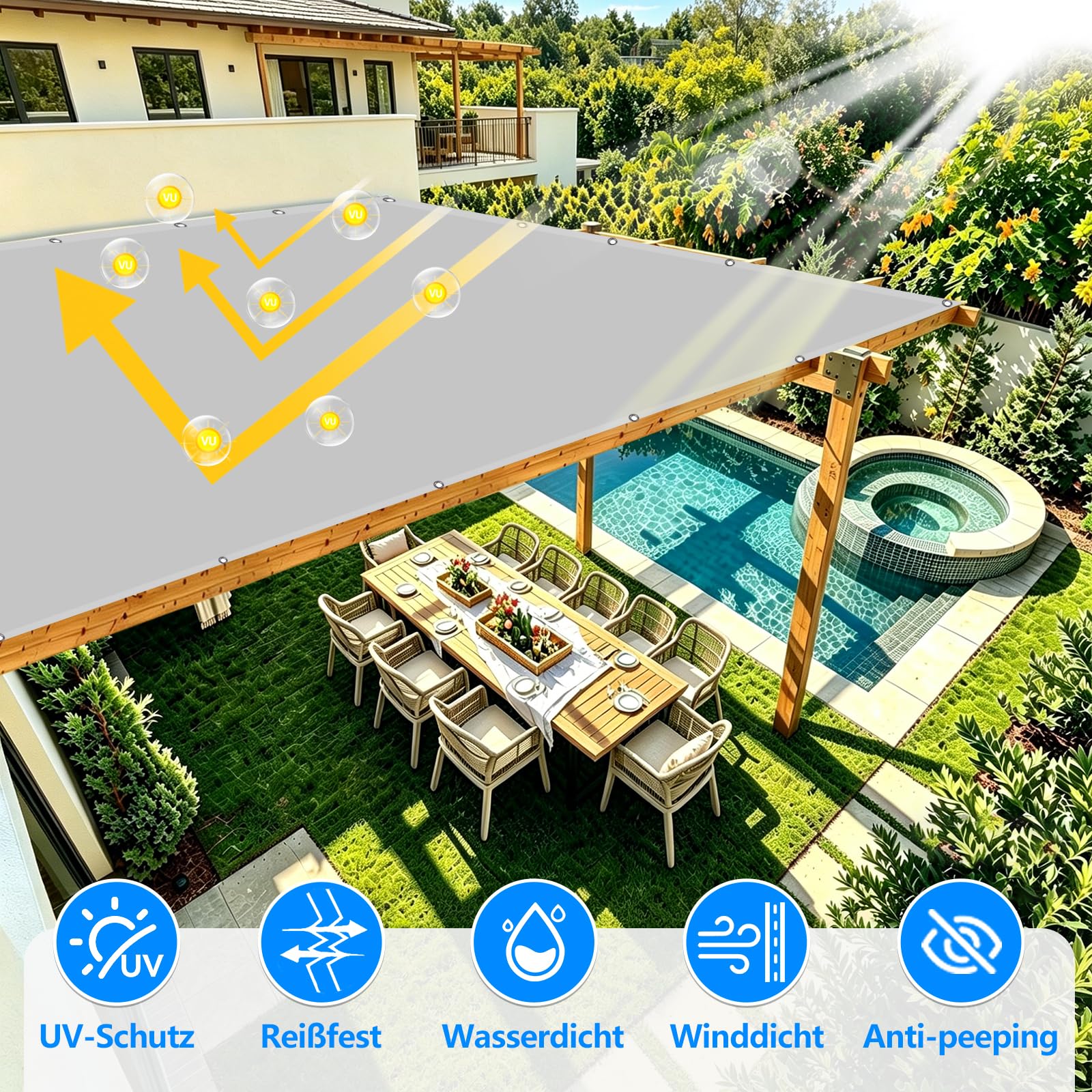 Toldo rectangular, protección solar para jardín con cuerda, toldo impermeable con ojales, protección solar en ángulo recto, para balcón, terraza, piscina, color gris claro, 2,5 x 4 m