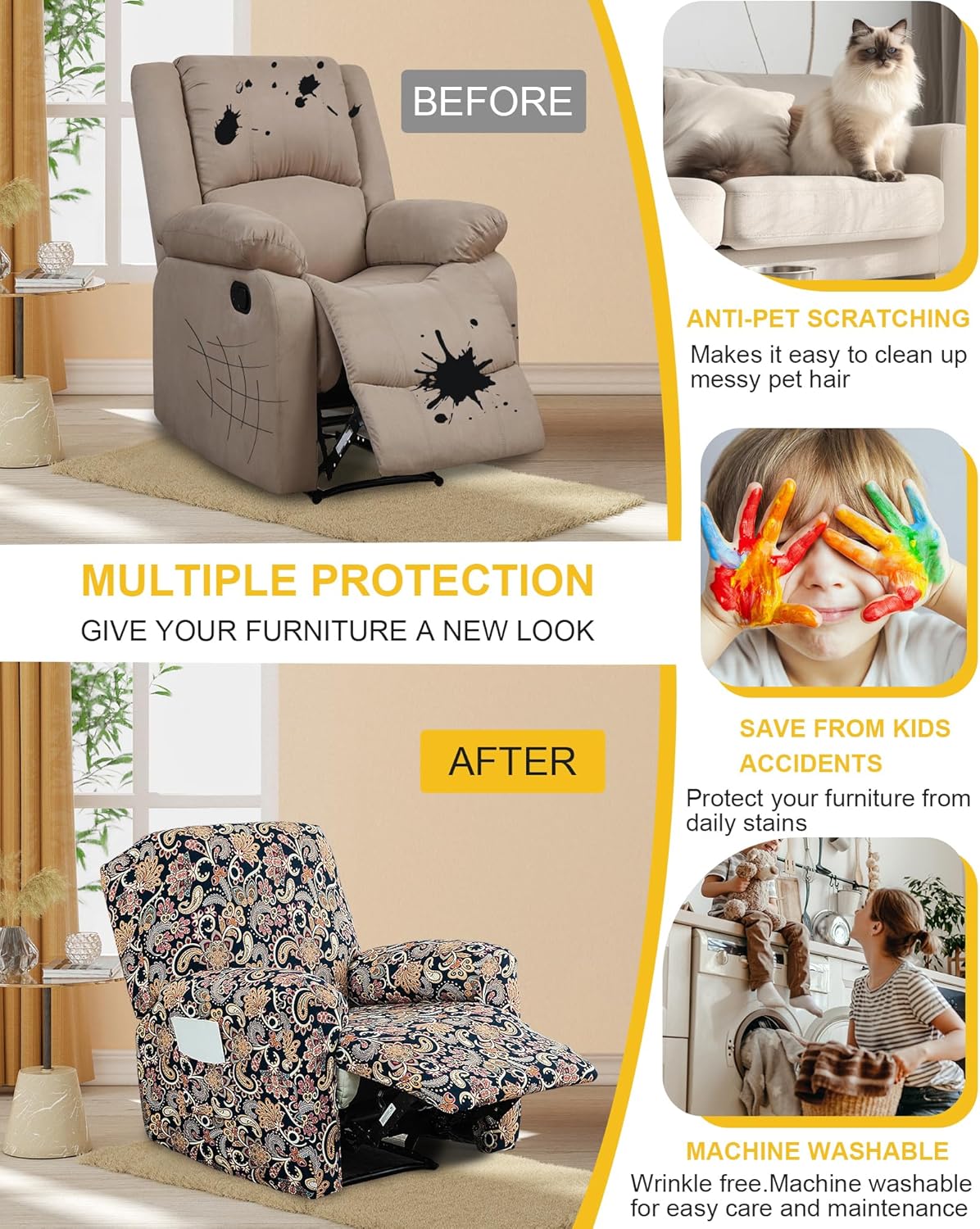 NILUOH Recliner Chair Covers, 4-Pieces Stretch Recliner Cover Soft Pattern Reclining Chair Slipcover That Stay in Place Washable Furniture Protector for Lazy Boy Recliner