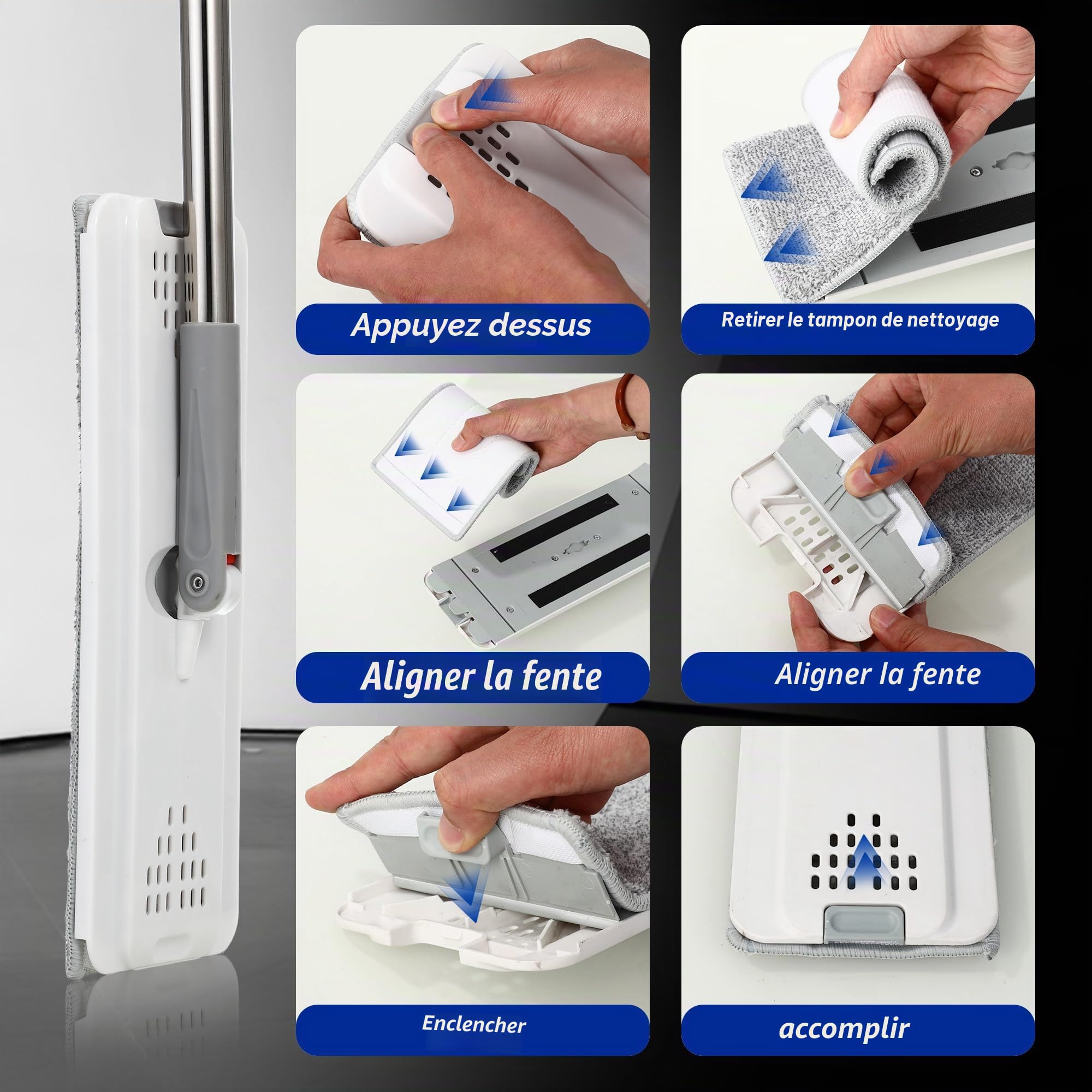 Serpillere Microfibre, Balai Serpillère et Seau Serpillere 2 en 1, Seau Essoreur avec 5 tampons en Microfibre lavables et poignée réglable en Acier Inoxydable, Mop Utilisation Humide et sèche, Blanc
