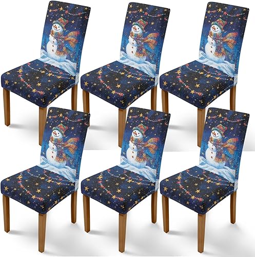 Miniatura 32 de Rnyleeg Juego de 4 fundas de silla de Navidad para sala de estar, sin brazos, copo de nieve, muñeco de nieve, fundas elásticas para sillas de Muñeco
