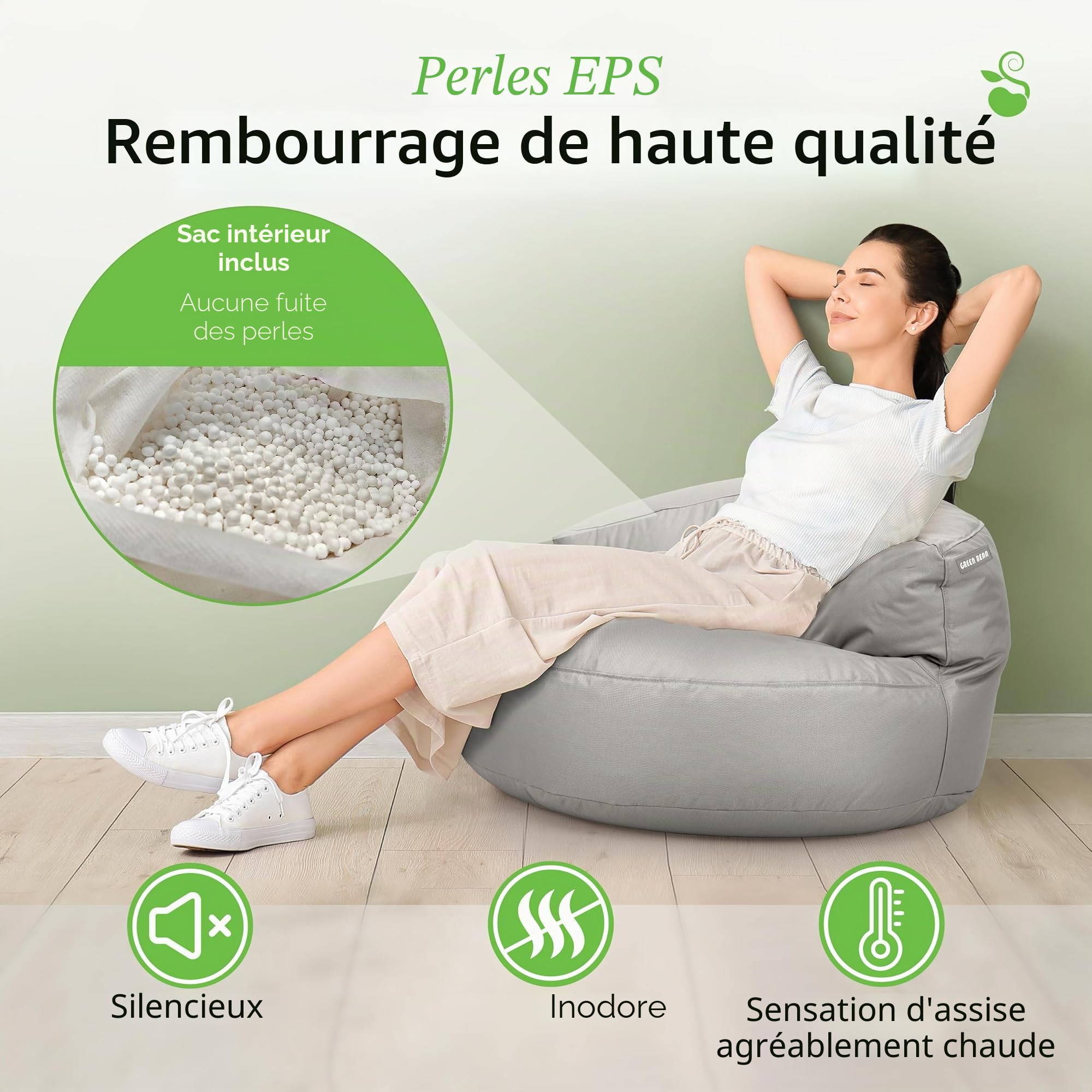 Green Bean© Canapé-Sac avec matériau de Remplissage | Lounge en Design de Pouf 90 x 50 cm avec Dossier Ergonomique & Housse Lavable | Convient pour l'intérieur et l'extérieur en Gris Clair