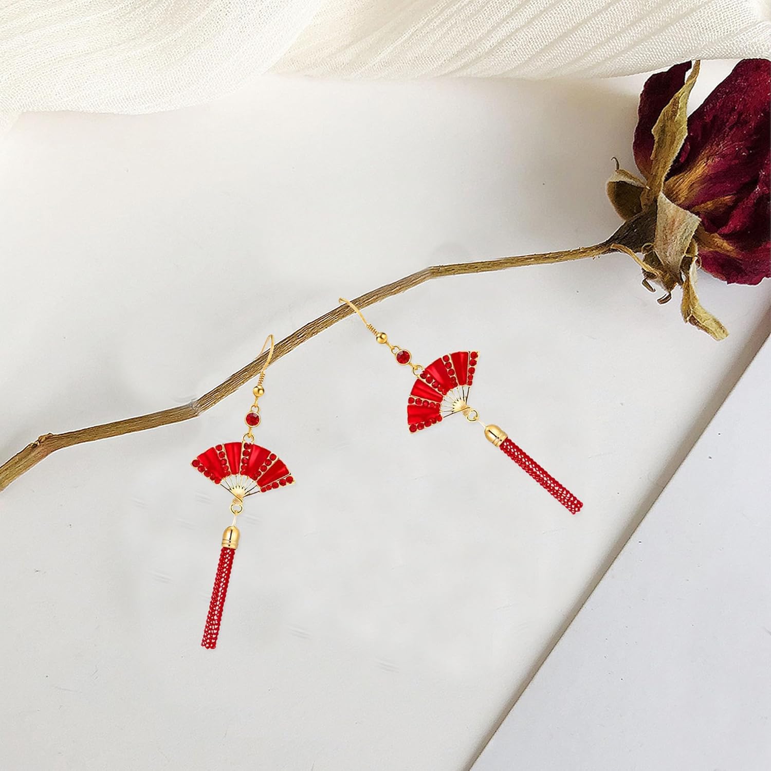 Red Rhinestone Crystal Long Fan Tassel Earrings for Women Dangling Drop Dangle Earrings for Party Wedding Prom - Image 5