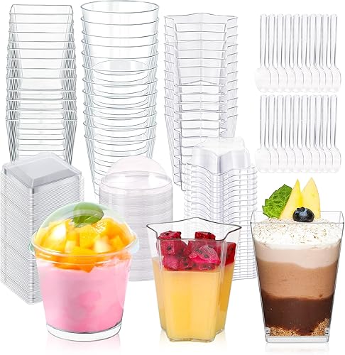 Paquete de 450 tazas de postre de plástico de 56 onzas con tapas y cucharas, cuadradasredondasde cinco puntas con estrella de 3 estilos, tazas de