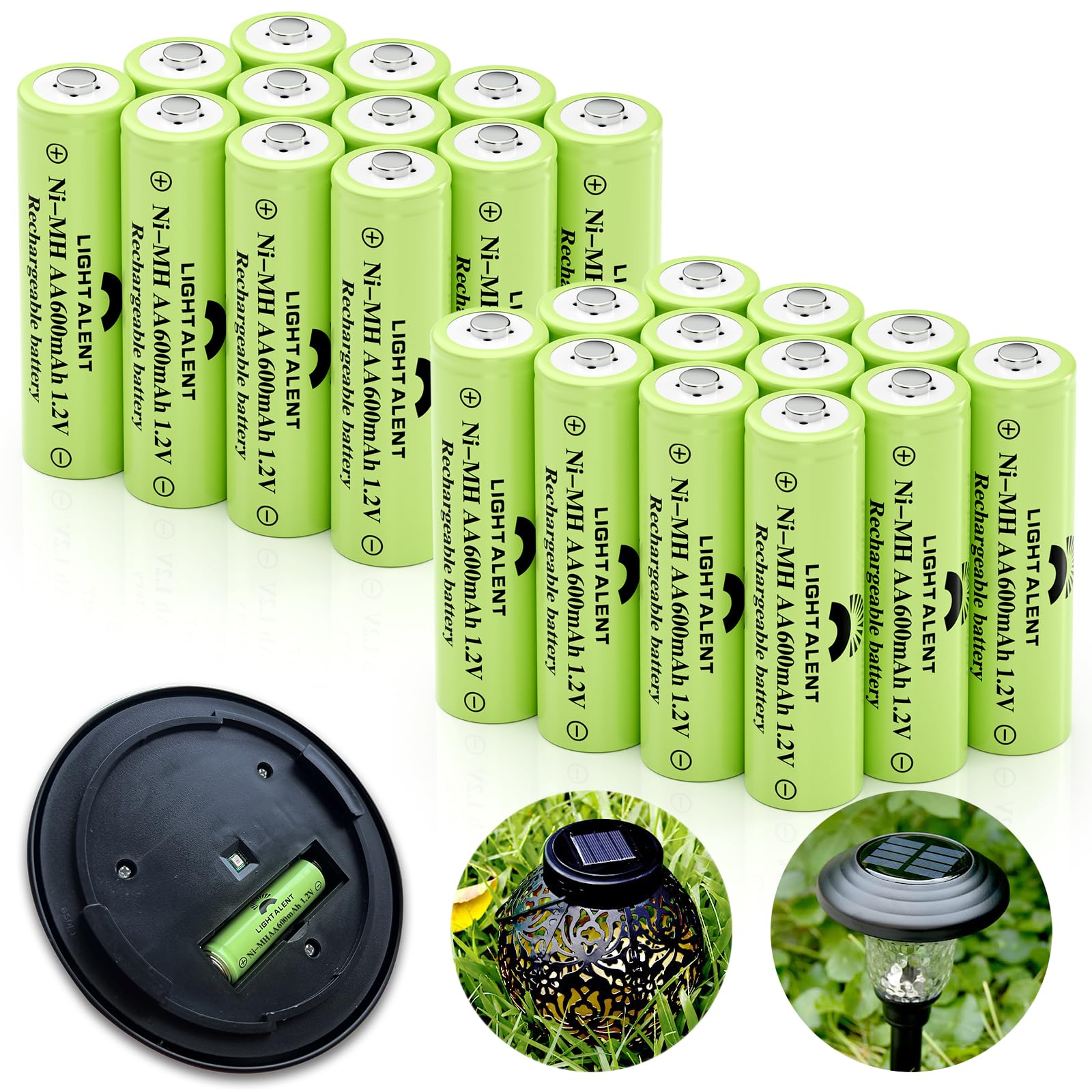 LightalentNi-MH AA Rechargeable Batteries, Double A High Capacity 1.2V Pre-Charged for Garden Landscaping Outdoor Solar Lights, String Lights, Pathway Lights (AA-600mAh-24pack)