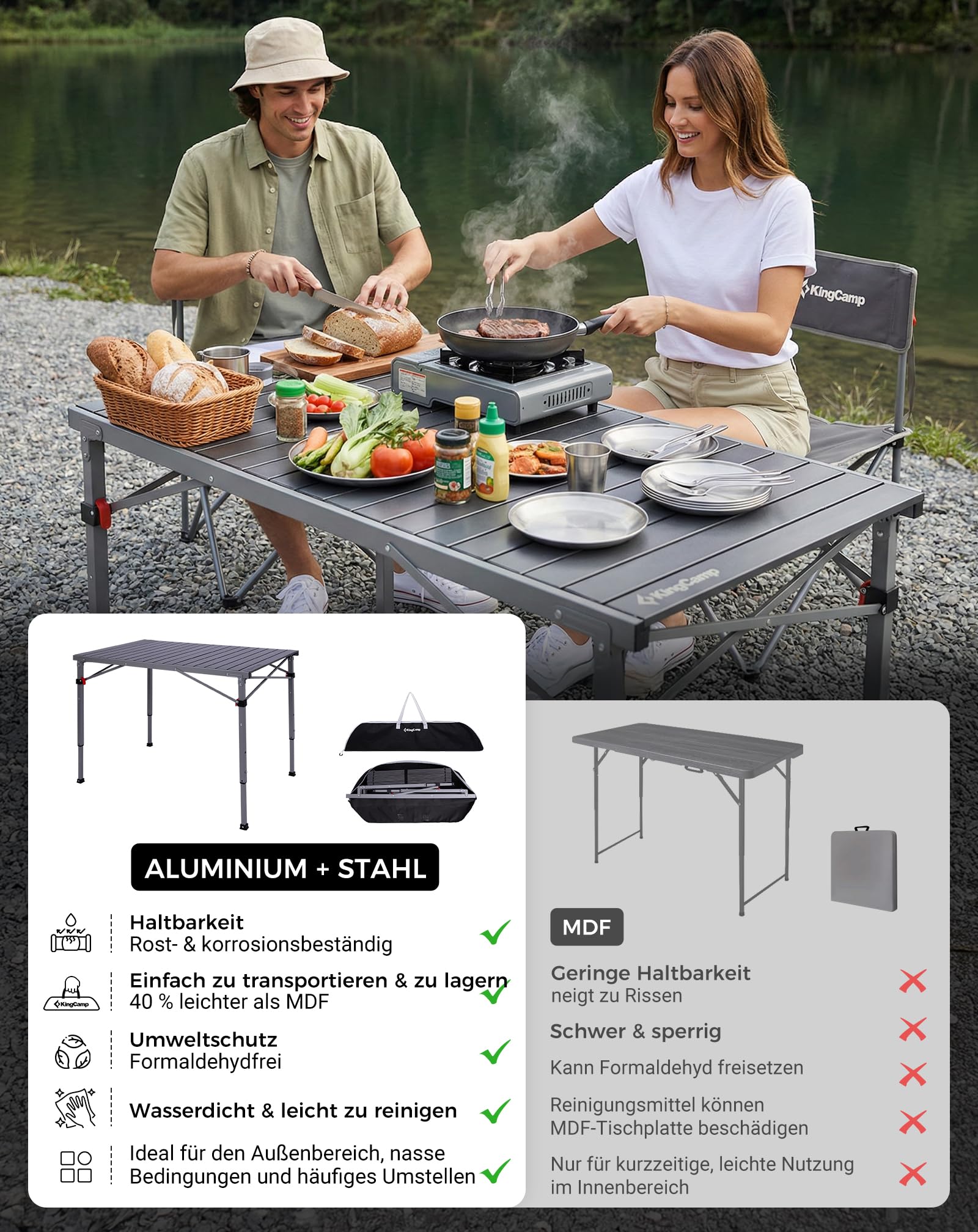 KingCamp Campingtisch Klappbar, bis 120 kg,60/70/80cm Höhenverstellbar | Aluminium Roll-Up Tischplatte,Schneller Auf- und Abbau,Kompakt, Robust,Langlebig,Leicht,für Outdoor,Picknick,107x70cm