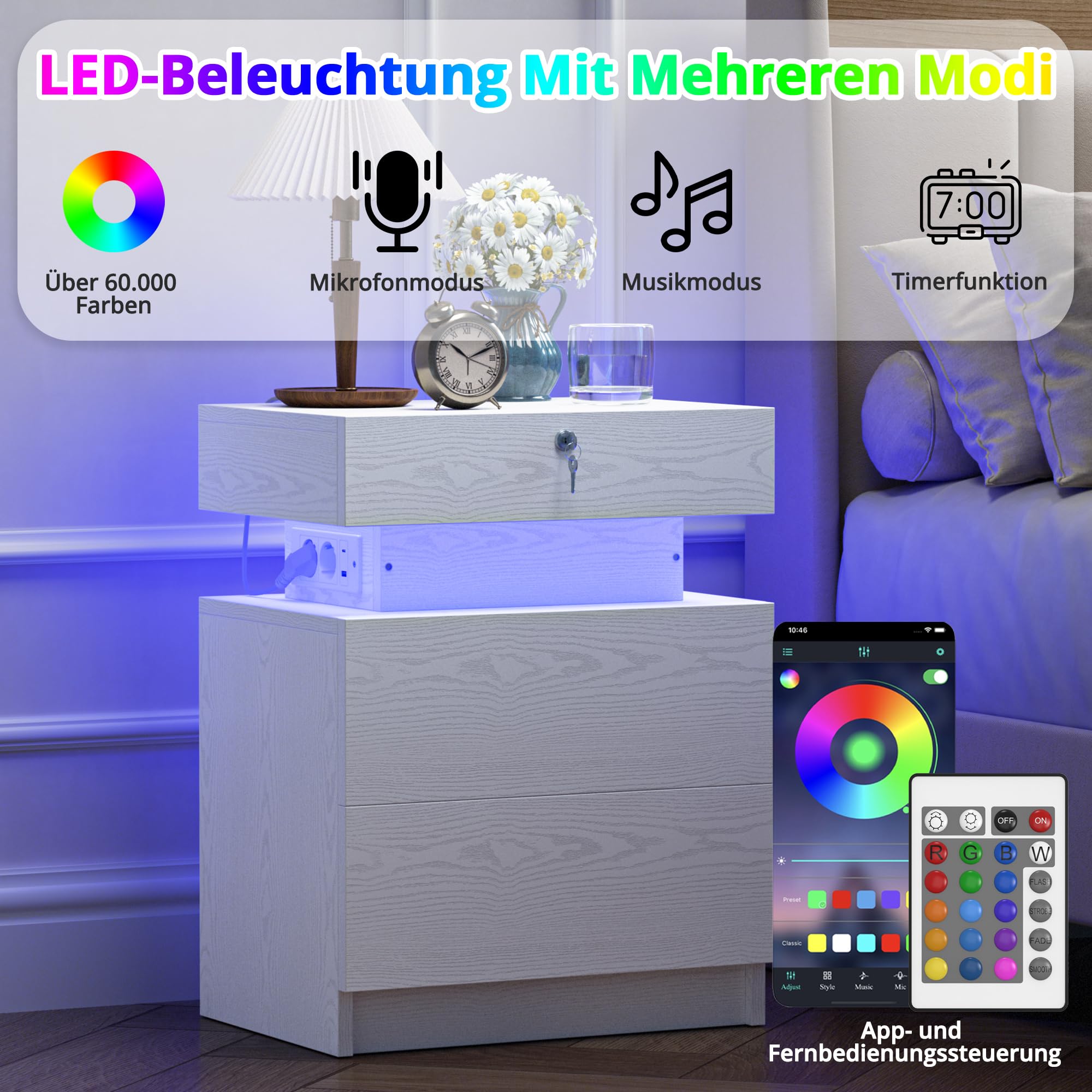 IRONCK Nachttisch, Nachtschrank mit LED-Beleuchtung, Beistelltisch mit 3 Schubladen, 1 USB- & 1 Typ-C-Anschluss und Schloss, Sofatisch für Wohnzimmer, Schlafzimmer, Weiß