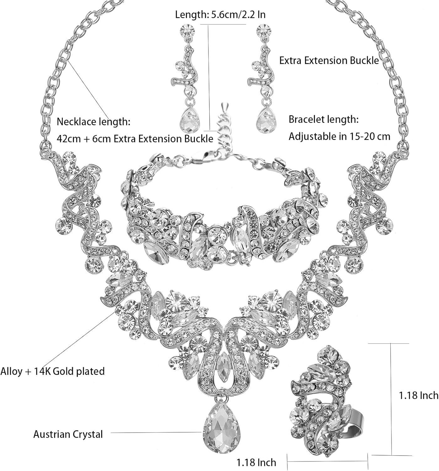 Jewelry Set for Women, Statement Necklace Dangle Earrings Bracelet Ring, White/KC Gold Plated Jewelry Set with Rhinestone Pearl Crystal Wedding Party Jewelry for Bridal Bridesmaid - Image 2