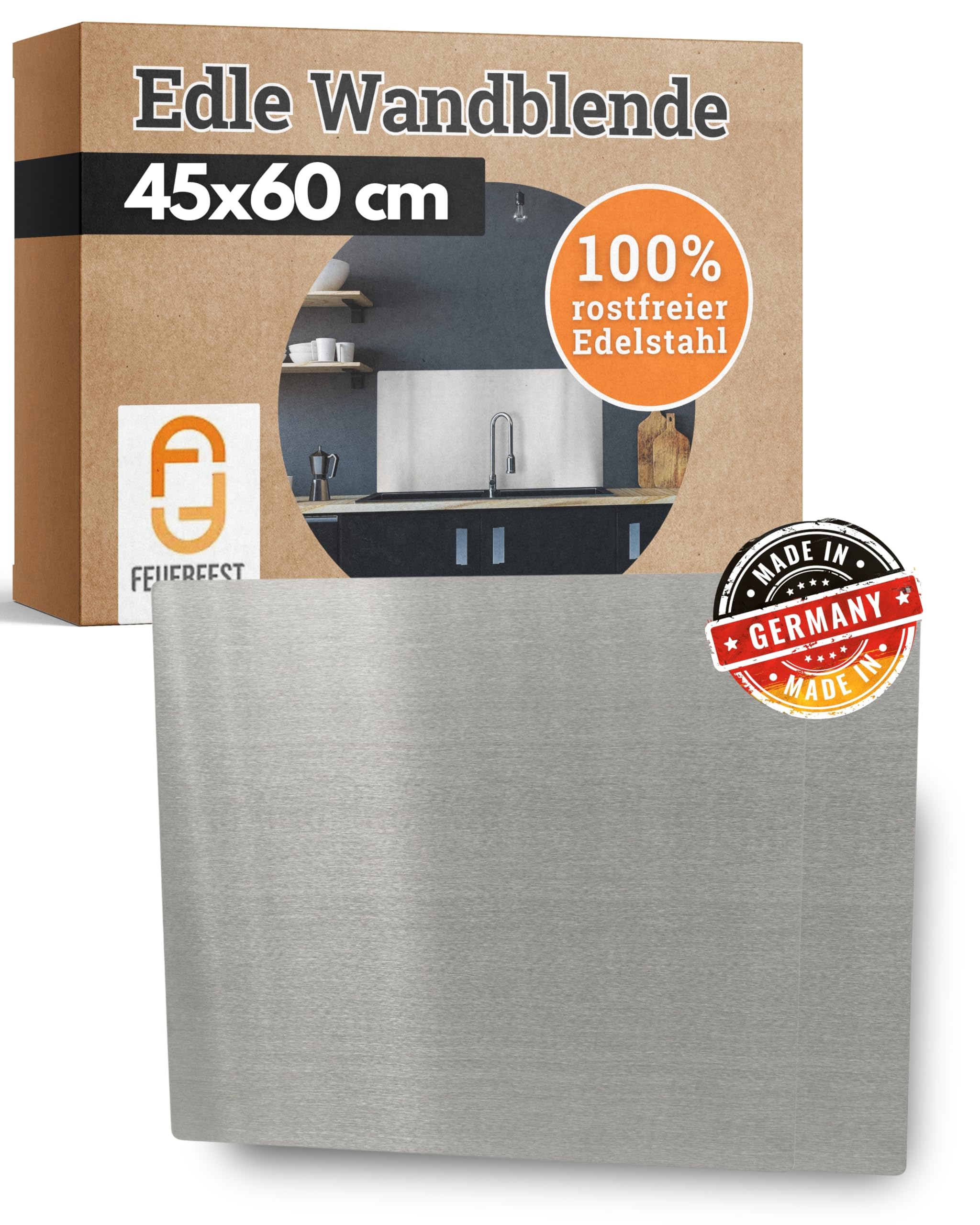 Feuerfest 123 Wandverkleidung I 450x600mm I Hochwertige Küchenrückwand aus 100% rostfreiem Edelstahl I Stilvoller Küchen-Rückwandschutz I Robuster Küchenwand-Spritzschutz aus präziser Handarbeit