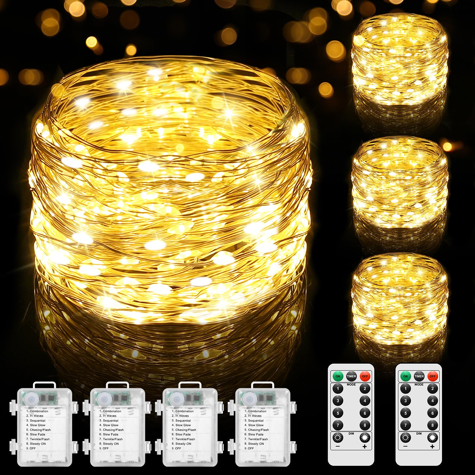 4 Pack 100 LED Fairy Lights Battery Operated with Timer & Remote, 33FT Waterproof Twinkle Lights Indoor Outdoor, Fairy String lights for Bedroom Classroom DIY Wedding Christmas Decorations, Warm White