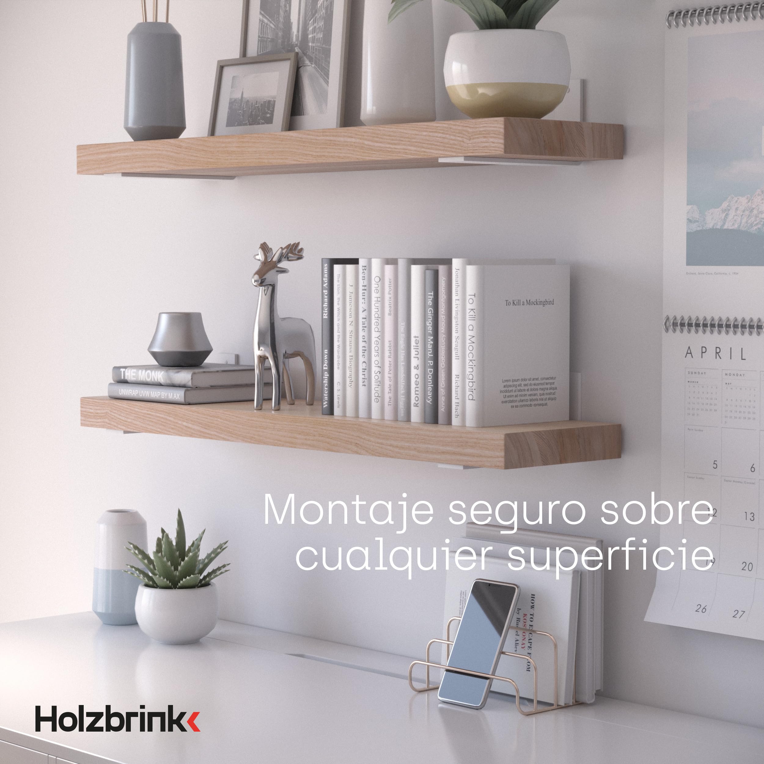 HOLZBRINK Escuadra de metal para baldas, soporte para estantes de pared, estante de pared DIY, Blanco 300x100x40 mm, 6 piezas, HLR-L-300-9016