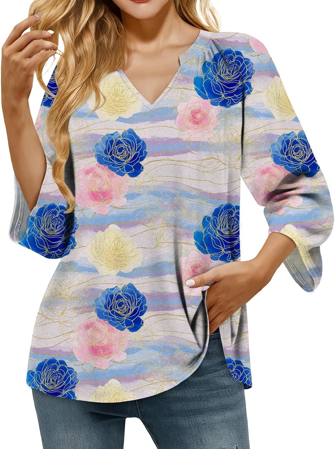 Womens 3/4 Sleeve Shirts Pleated V Neck Boho Floral Blouses Dressy Casual Comfy Soft Flowy Fall Basic Tops