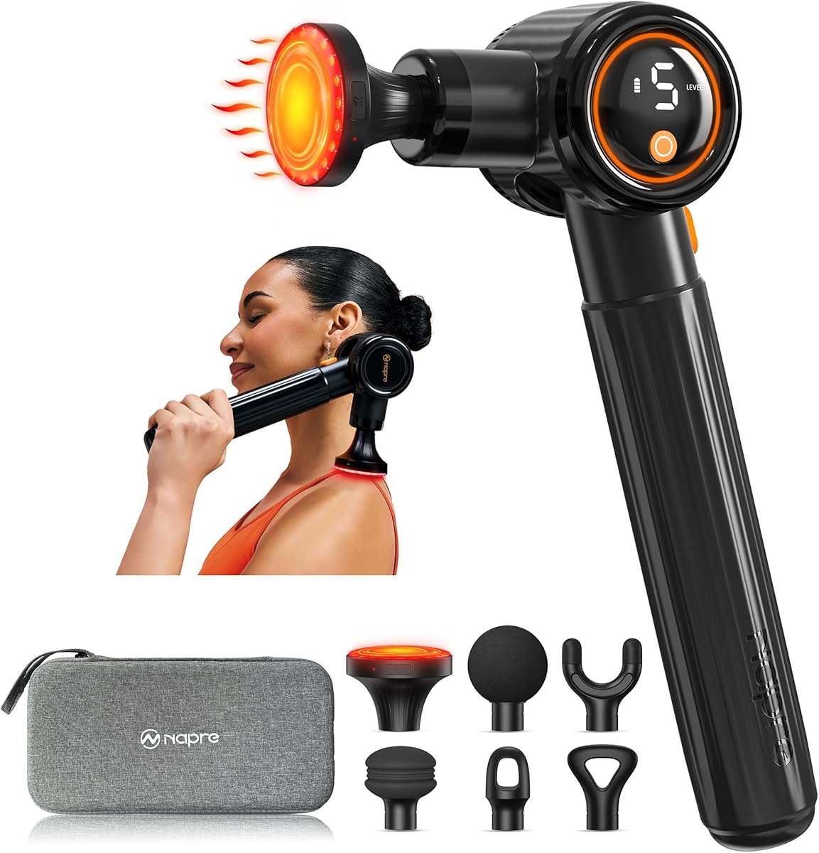 NAPRE Massage Gun with Heat,Massage Gun Deep Tissue with Extension Handle & 3 Adjustable Angles,Handheld Percussion Back Massager for Muscle/Neck/Body Pain Relief with Portable Case,Black