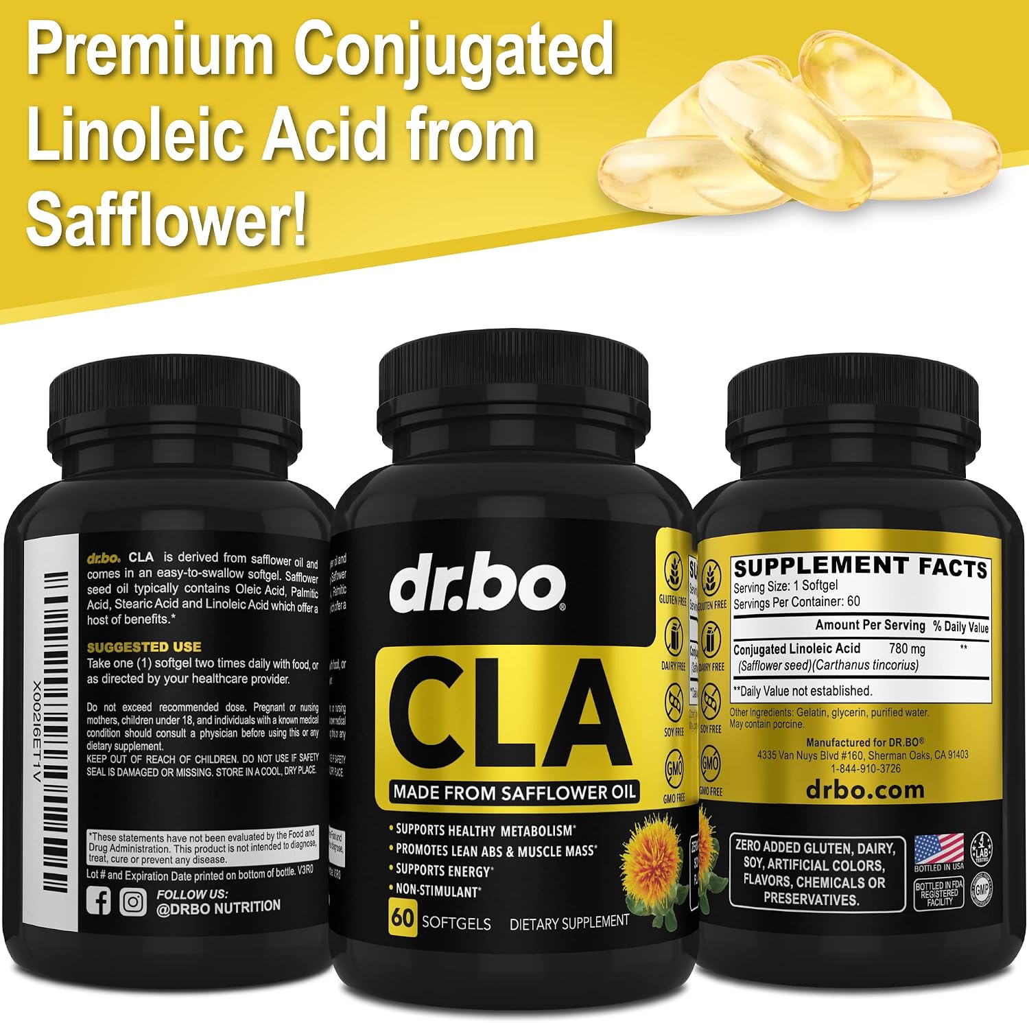 CLA Safflower Oil Supplement for Men & Women - Pure Safflower Oil High Linoleic Preworkout, Abs Muscle & Workout Capsules - Premium 780mg CLA Conjugated Linoleic Acid Pills Supplements - 60 Softgels