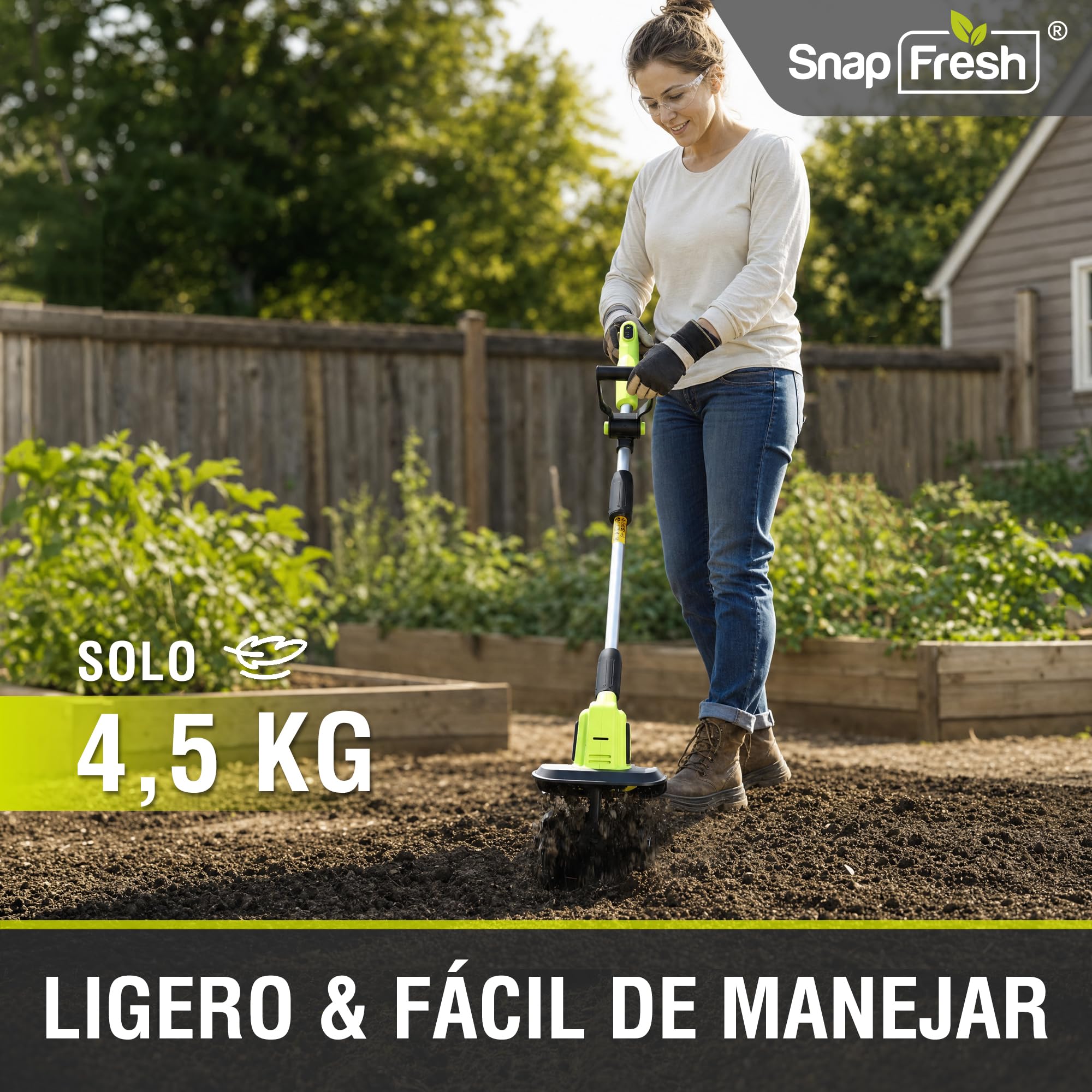SnapFresh Motoazada de Batería Inalámbrica 20V - Fresadora de Jardín Eléctrica con Batería 4,0 Ah y Cargador Rápido para Parterres