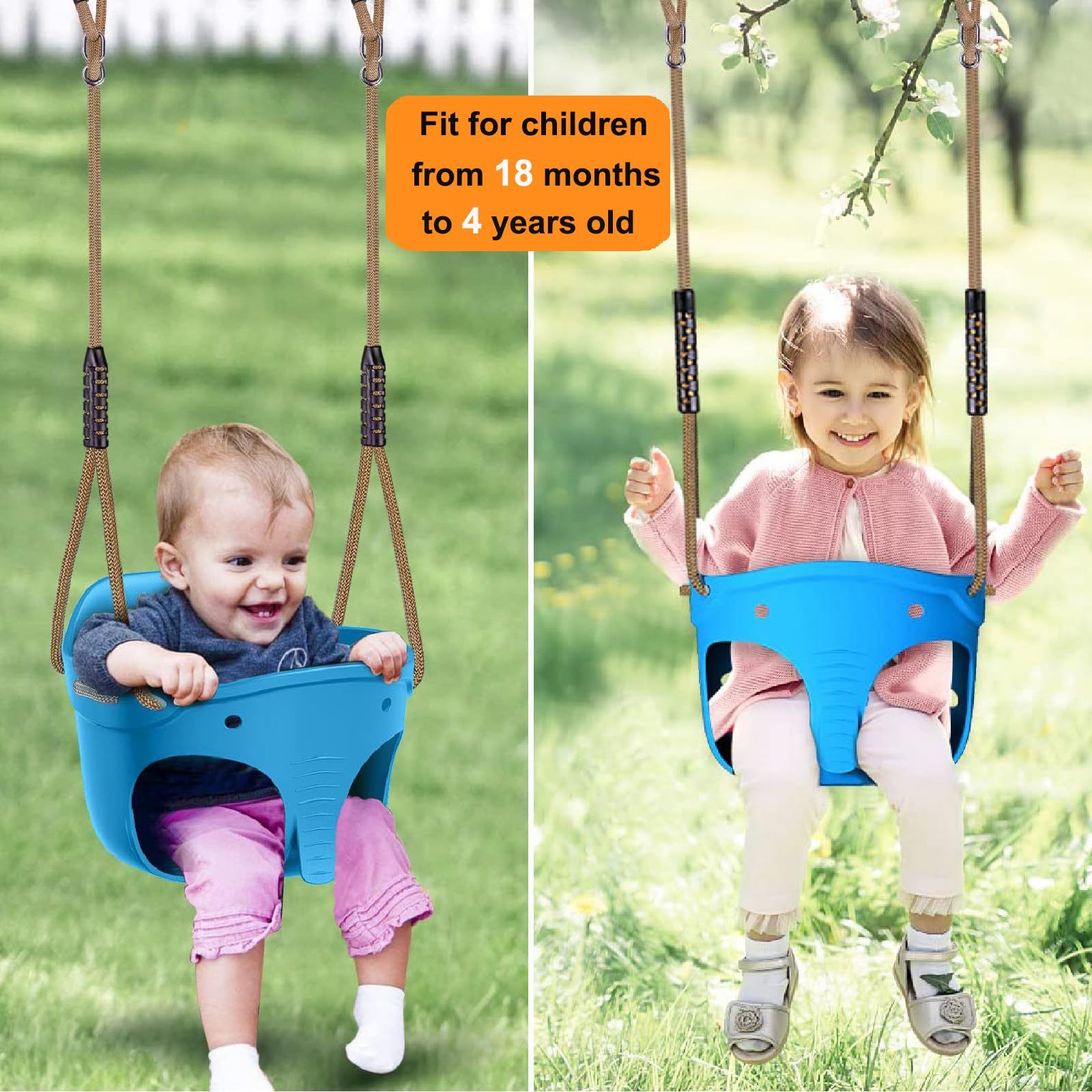 BeneLabel 600 LB Weight Capacity Full Bucket Toddler Swing Seat with Adjustable Height Rope from 4.2 to 6.7 FT High Back Bucket Seat Swing for Toddler - Cute Elephant Shape Design