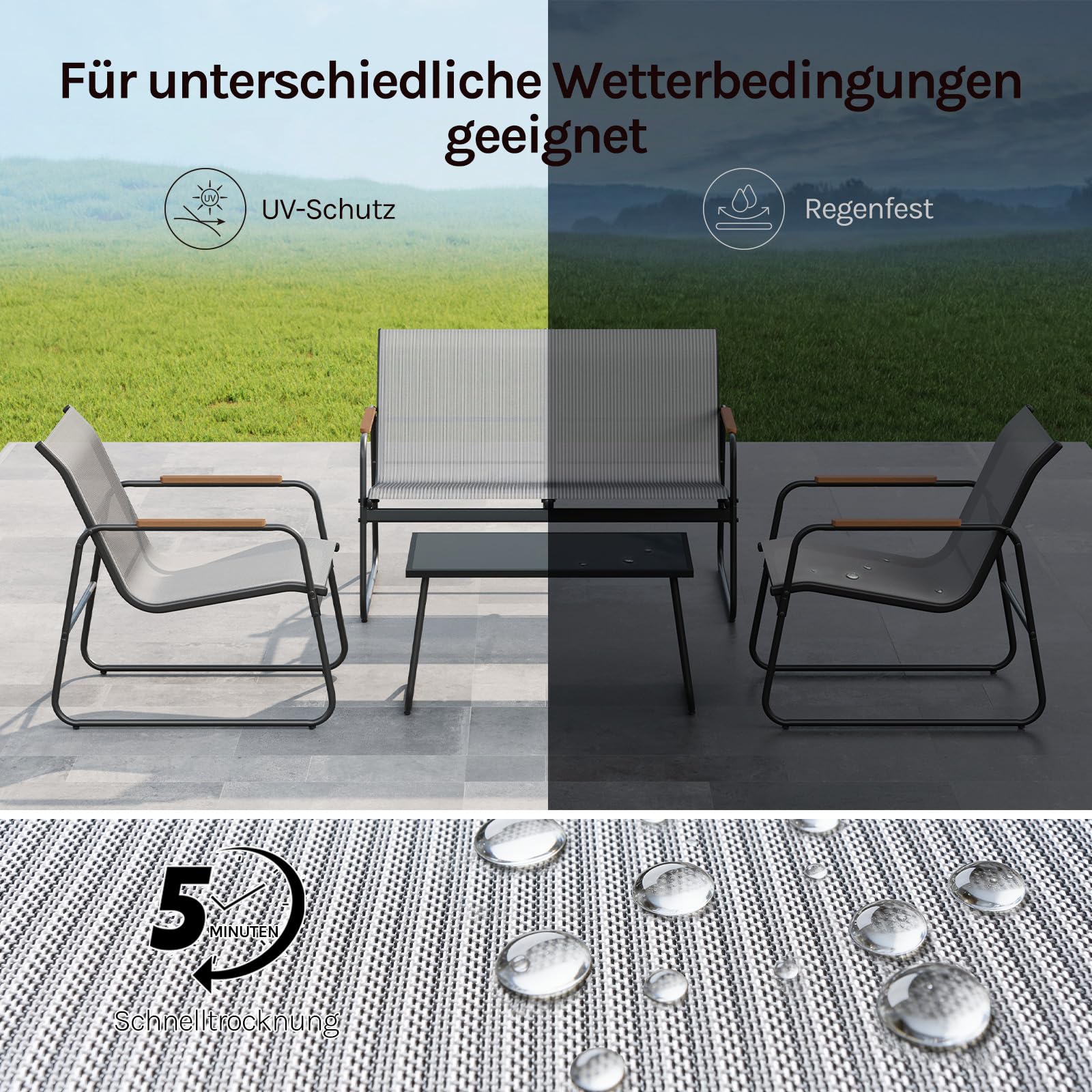 WOLTU Gartenmöbel Set 4-teilig1 Tisch & 1 Zweisitzer-Sofa & 2 Sessel mit Rückenlehne und Armlehnen Ergonomisches Design UV-beständig Balkonmöbel für Terrasse und Balkon, Grau