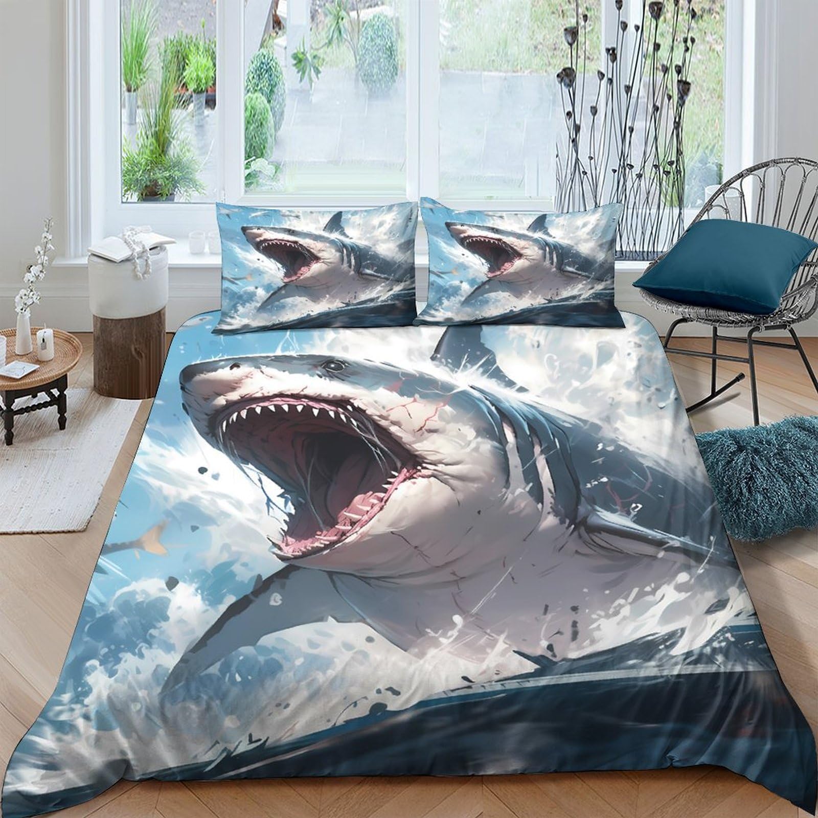 Ctjqhvkz Style-4 3D Printed Shark Ocean Fitted Sheet Microfiber Soft Bedroom Decor Blue Waves Mattress Cover For Home Dorm Single（135X200cm）