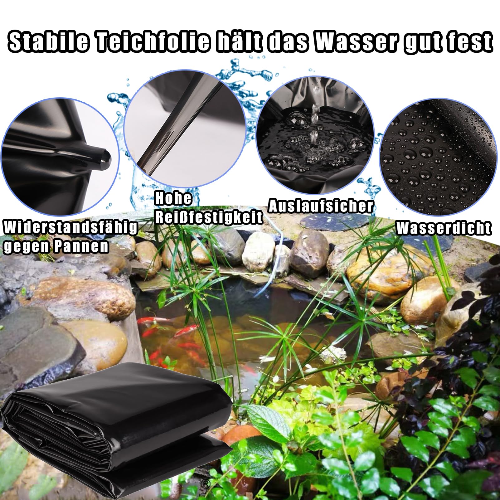 Teichfolie 6x6m Gartenteich Teichplane, Große Fischteichfolie,Stärke Schwarze Folie Garten, Baufolie Extra Stark, für Fischteiche, Brunnen, Wassergarten und Wasserfall