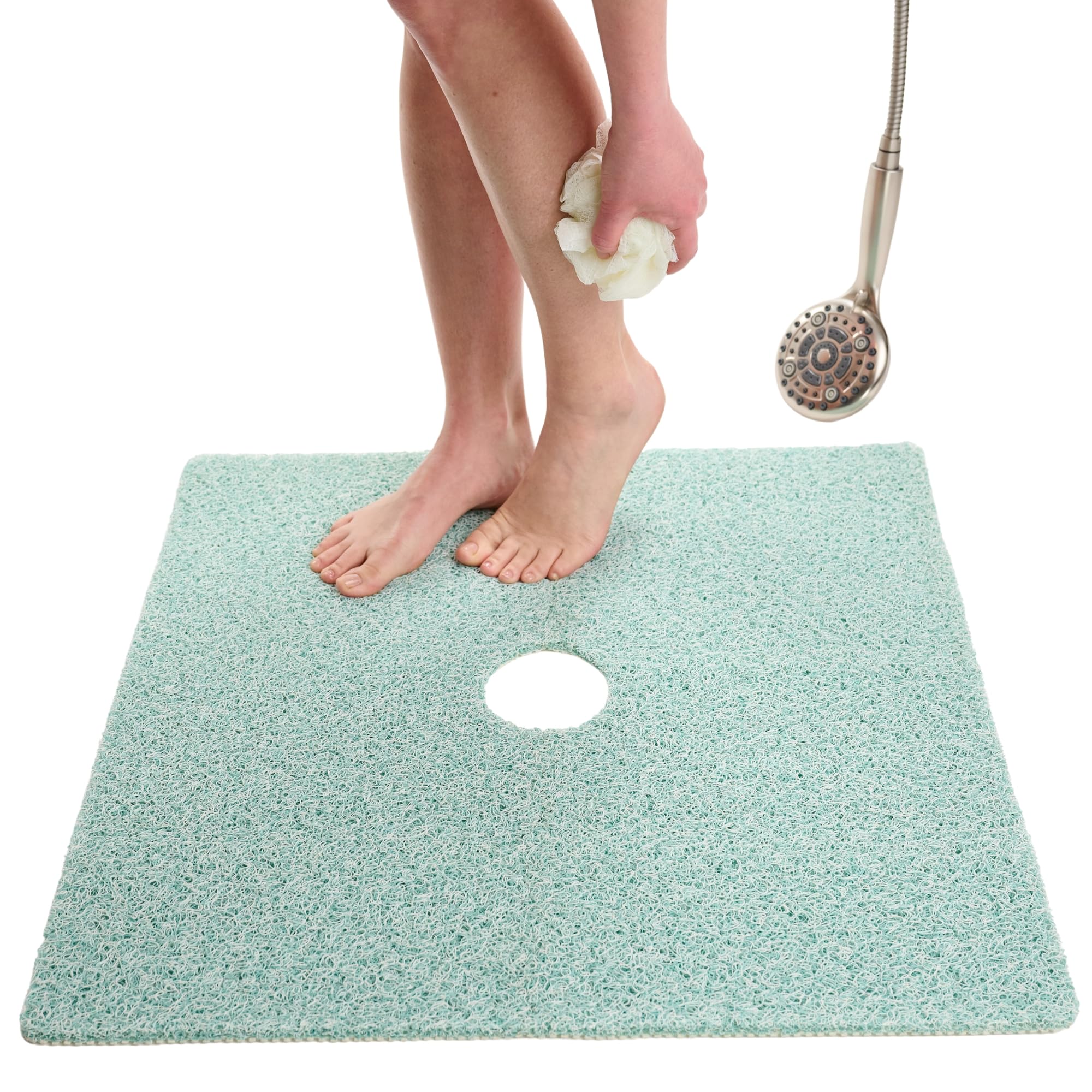 Enkosi Loofah Shower Mat with Drain Hole – Cushioned Anti-Slip Square Bath Mat for Showers, and Bathroom Floors – Textured PVC, Non Slip Safety Pad for Walk-in Stalls and Wet Areas (27x27 Aqua Green)