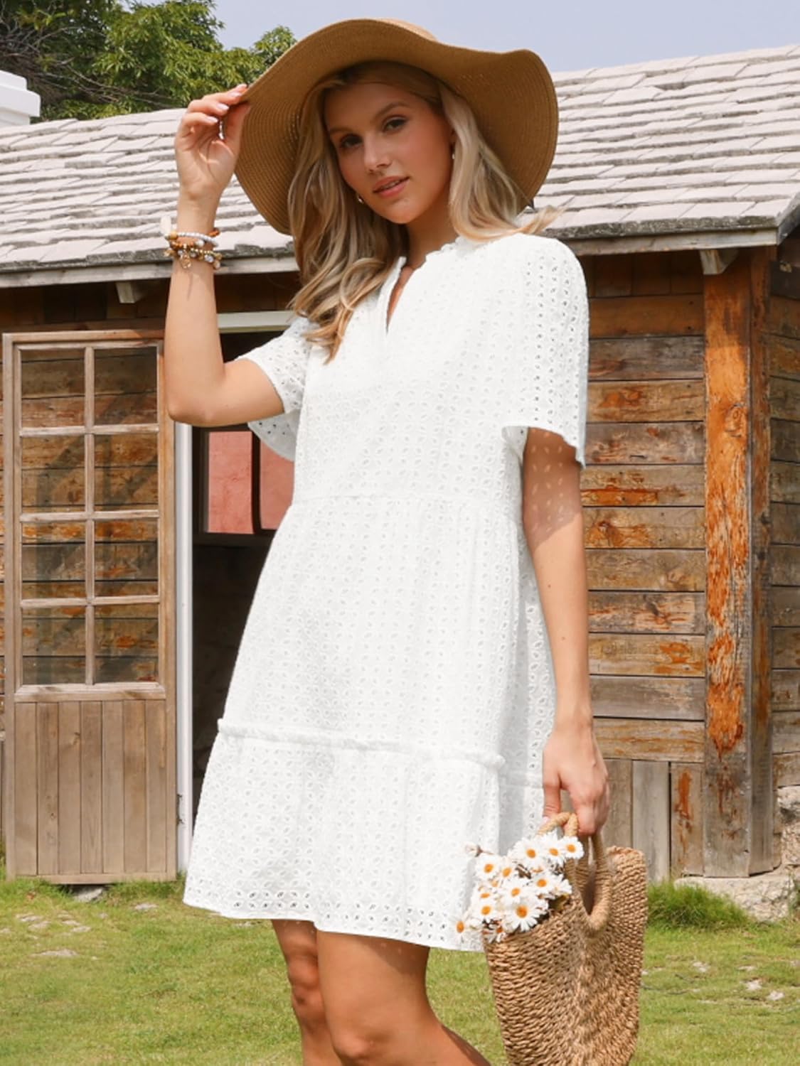 Allegra K Eyelet Dress for Women 2026 Summer Short Sleeve V Neck Hollow Out Ruffle Vacation Mini Dresses - Image 3