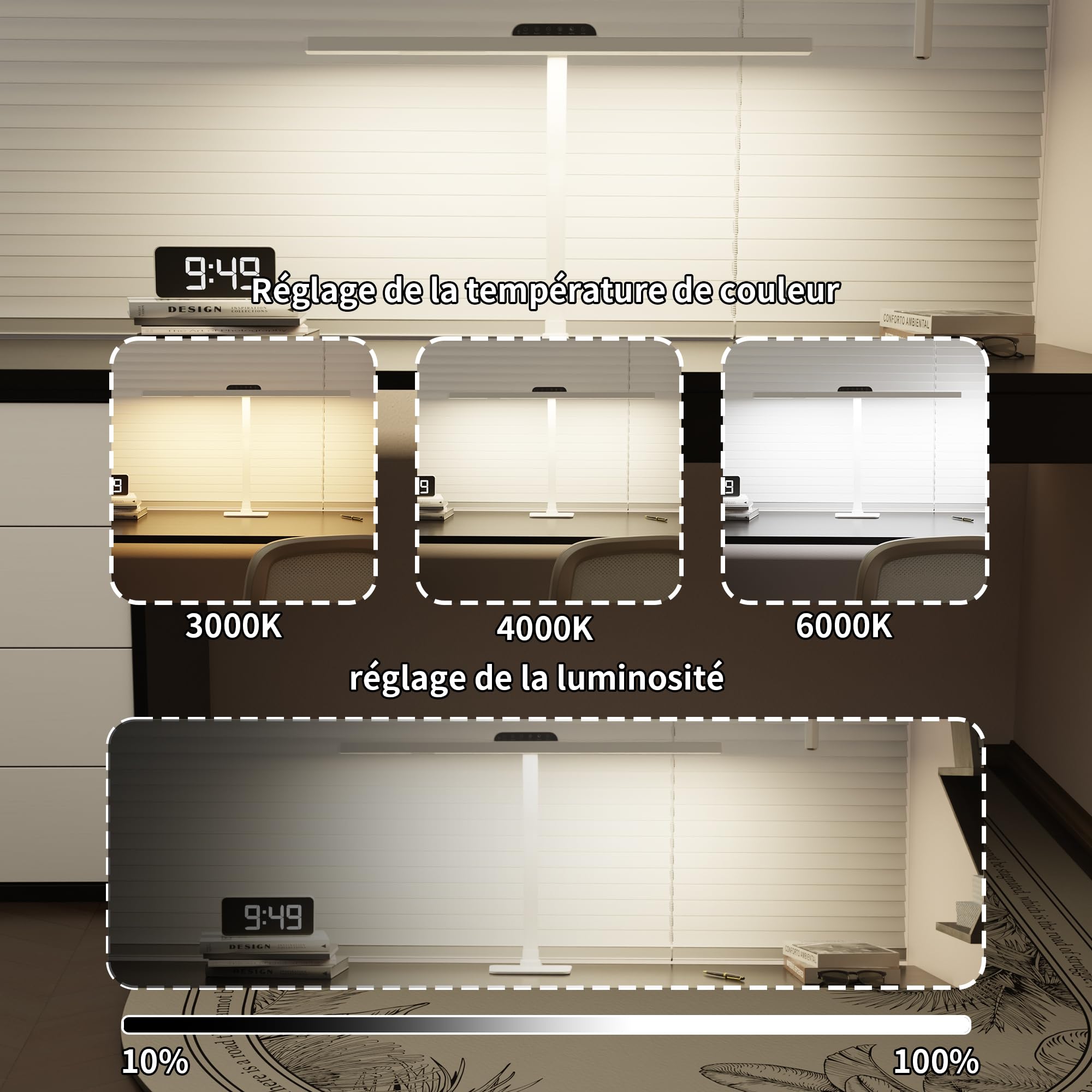 Lampe de Bureau LED 24W Puissante,80CM à Intensité Variable Lumiere Bureau Avec Socle et Fixation par Pince,Blanc Desk Lamp à Col de Cygne Flexible,Idéale pour le Lecture et Les études
