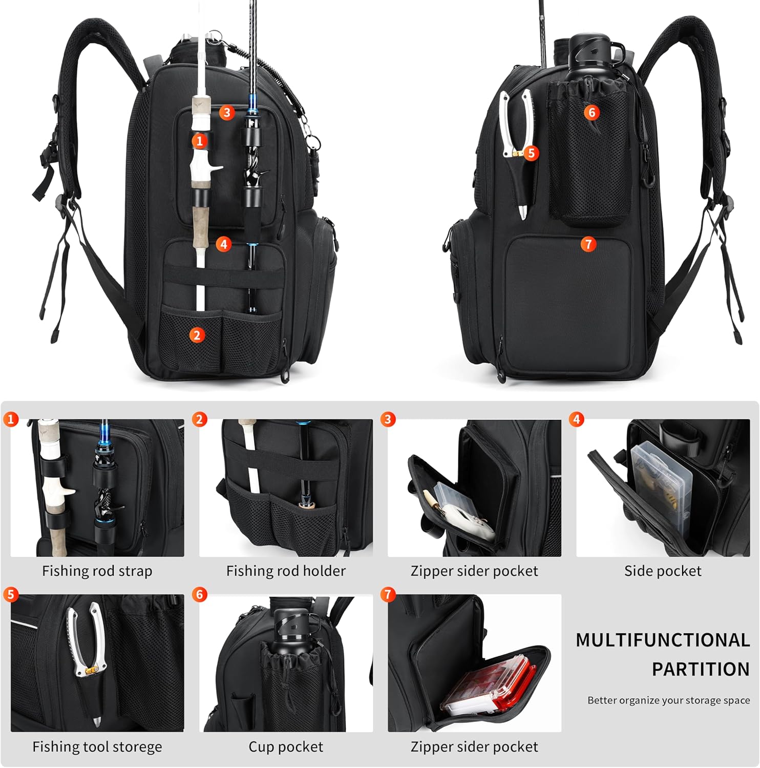 Rabjen Fishing Tackle Backpack with Rod Holders, Bottle Holder, Storage Bag Store Fishing Gear
