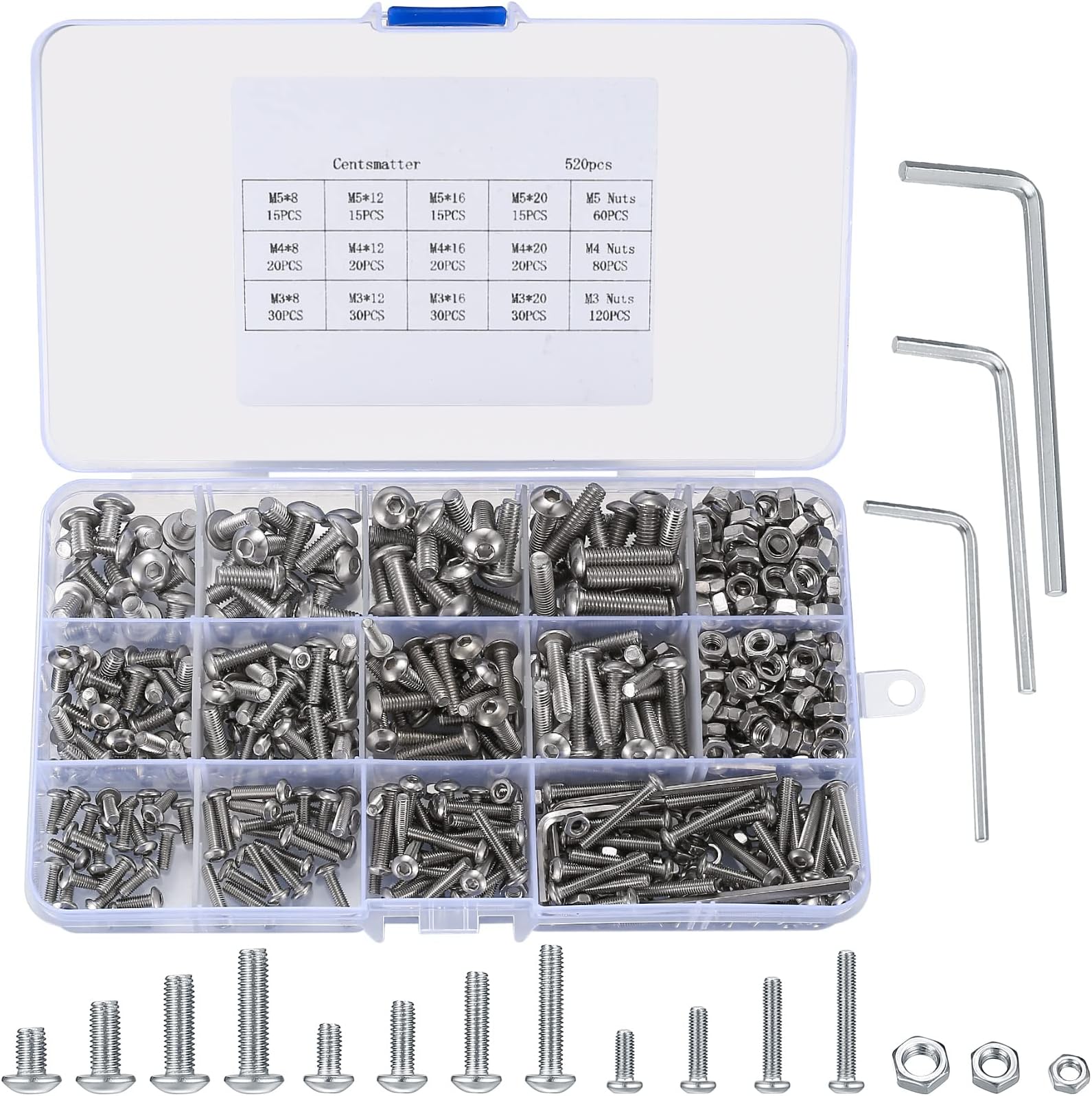 520 Pcs Stainless Steel Hex Socket Button Head Bolts and Nuts Assortment Kit, M3 M4 M5, With 3 Pcs Hex Wrenches