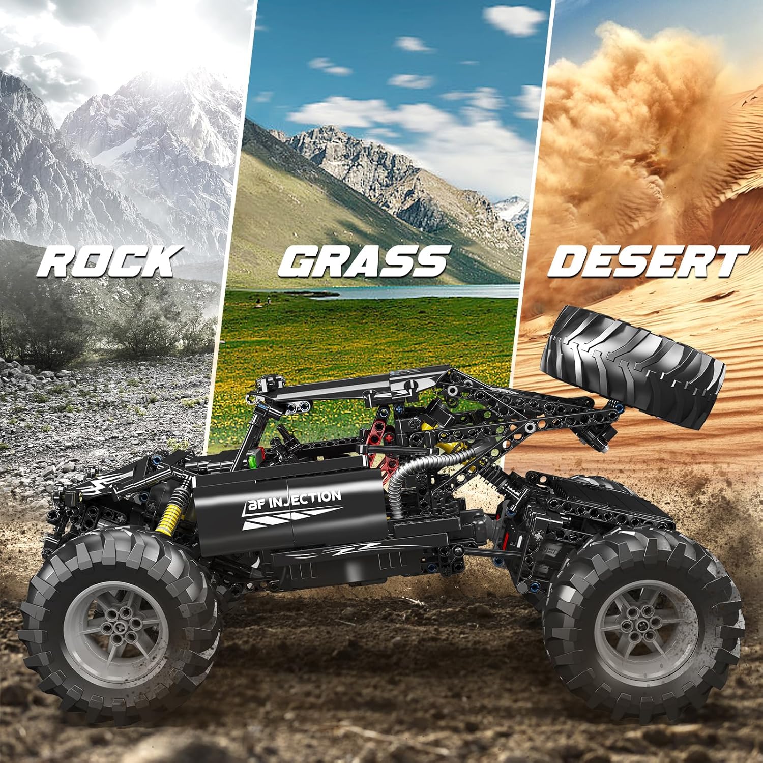 Mould King 18038 RC car driving on rock, grass, and desert terrains