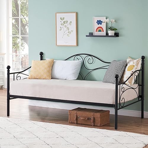 VECELO Marco de sofá cama de tamaño individual, soporte de listones de acero metálico con cabecero, sofá cama, plataforma para sala de estar,