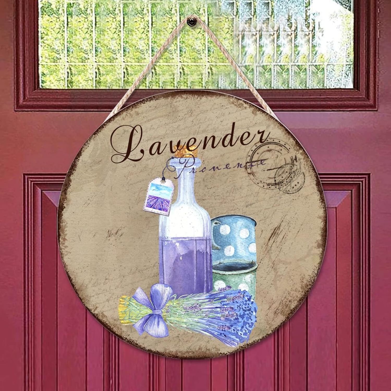 Personalized Pattern Round Door Hanger Sign, Lavender Wood Door Sign, Floral 16x16in Wall Door Hanging Sign Farmhouse Backyard Door Hanger Wall Decor Housewarming Gifts