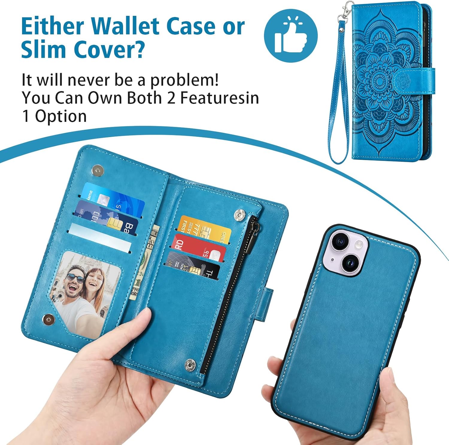 Asuwish Phone Case for iPhone 14 Plus 6.7 inch Zipper Wallet Cell Cover with Tempered Glass Screen Protector Strap Flower Card Holder i-Phone 14+ iPhone14Plus 5G i i14 + iPhone14 14Plus Women Men Blue