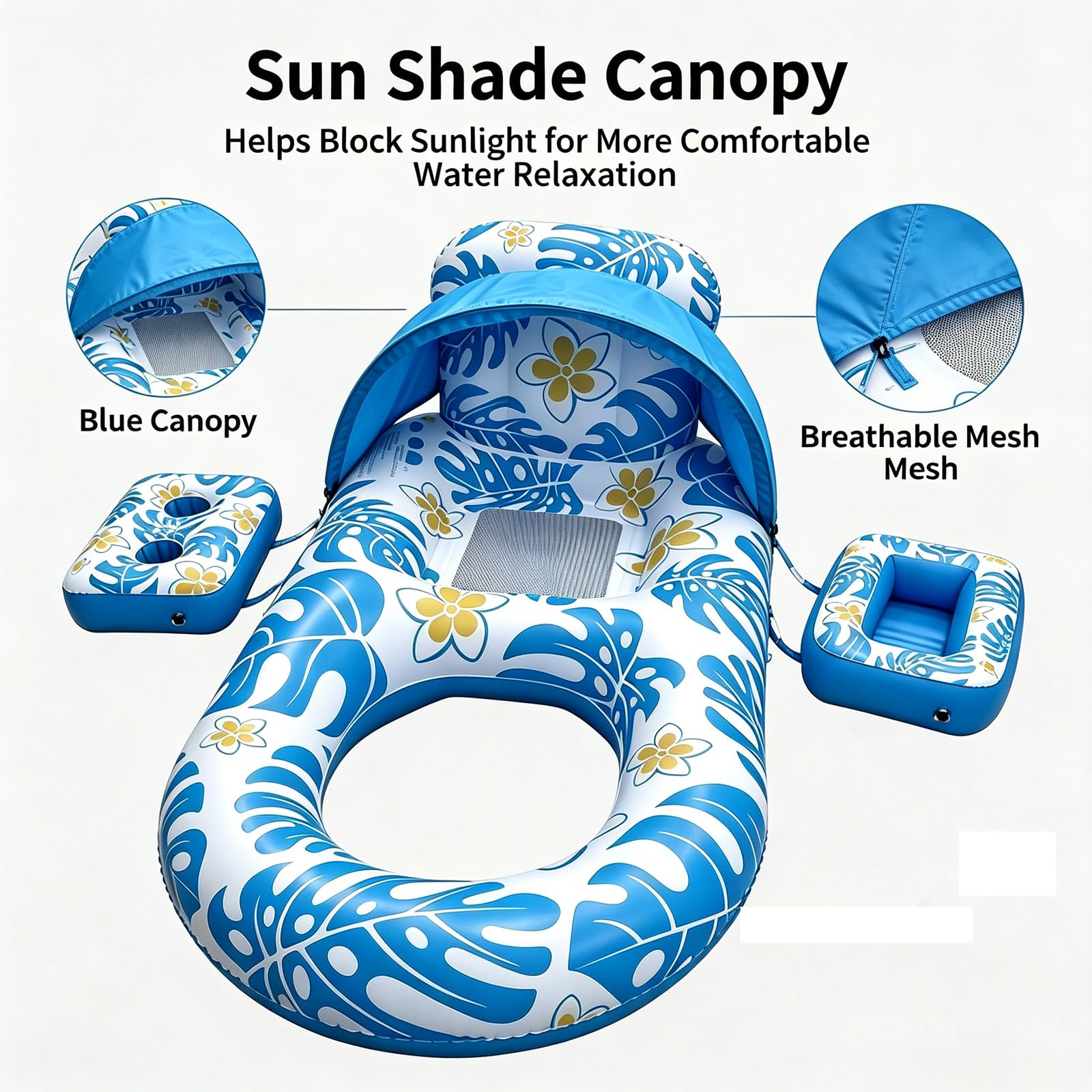Flotadores Inflables para Adultos con Respaldo y reposabrazos Colchoneta Hinchable Piscina de PVC Plegable con Parasol Cubierta Inferior de Malla Ideales para Diversión Descanso