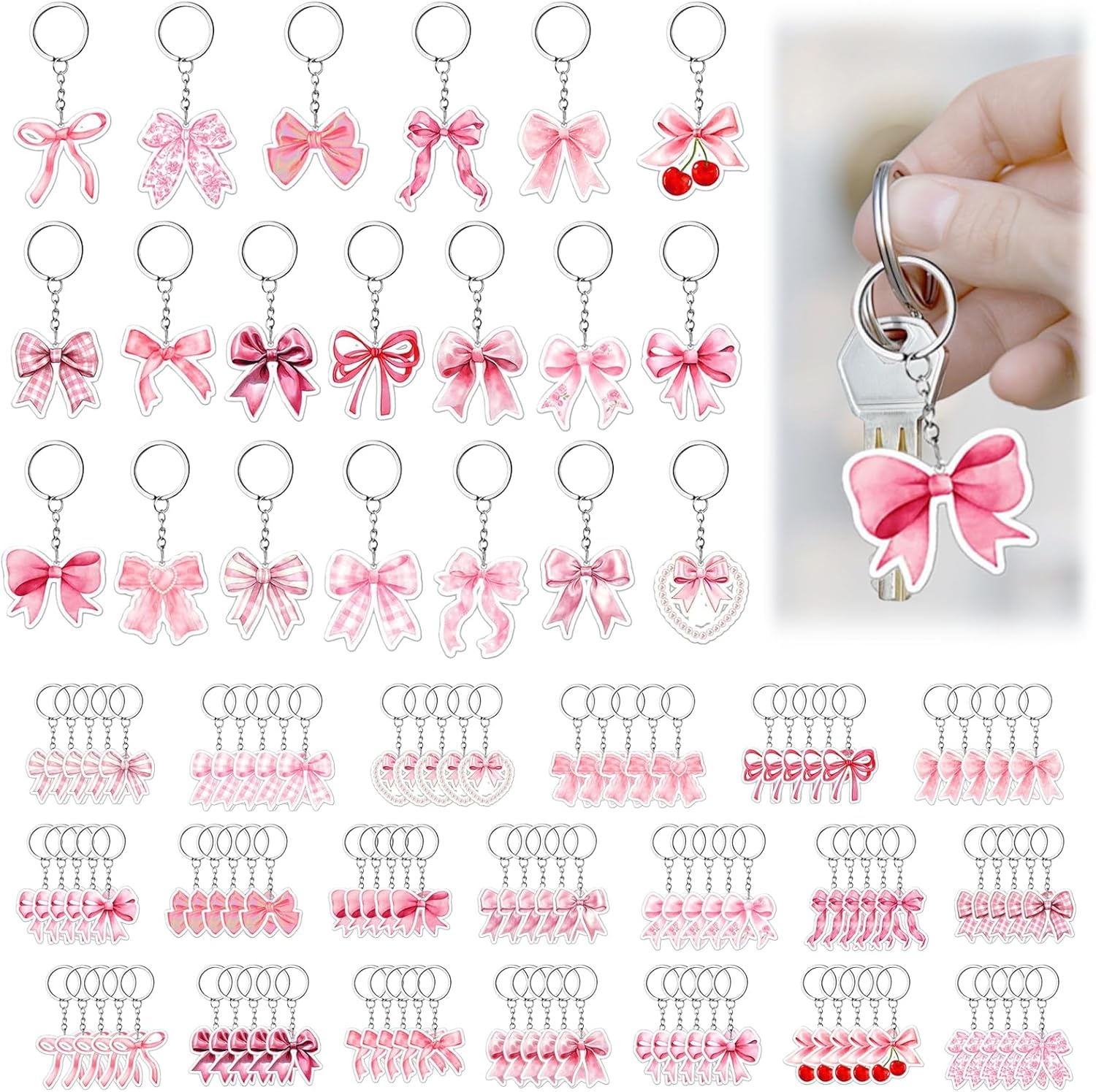 Bow Keychains, 100 Pcs, Acrylic Bow Party Favors, 20 Unique Designs, Cute Bag Charm Accessories With Sturdy Metal Rings, Great For Party Supplies, Boxes, Present Bag