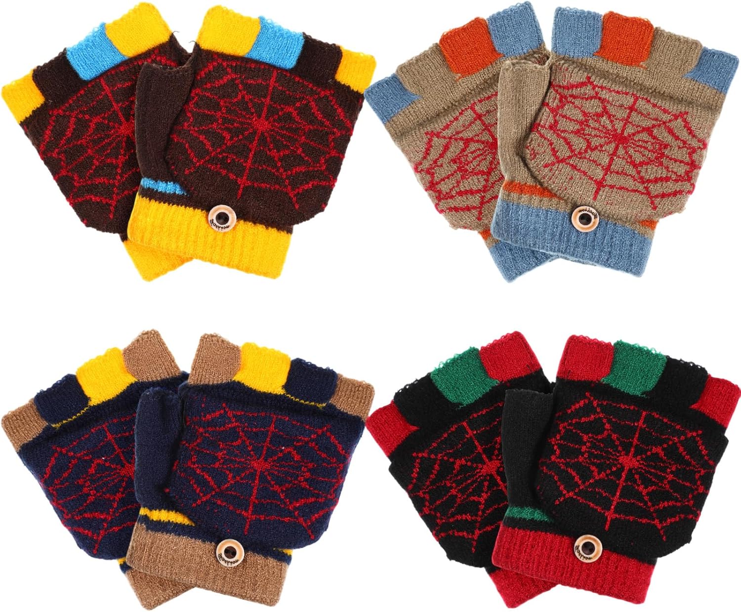 Handepo 4 Pairs Kids Convertible Fingerless Gloves Flip Top Winter Warm Knitted Mittens with Cover for Boy Toddler Girl