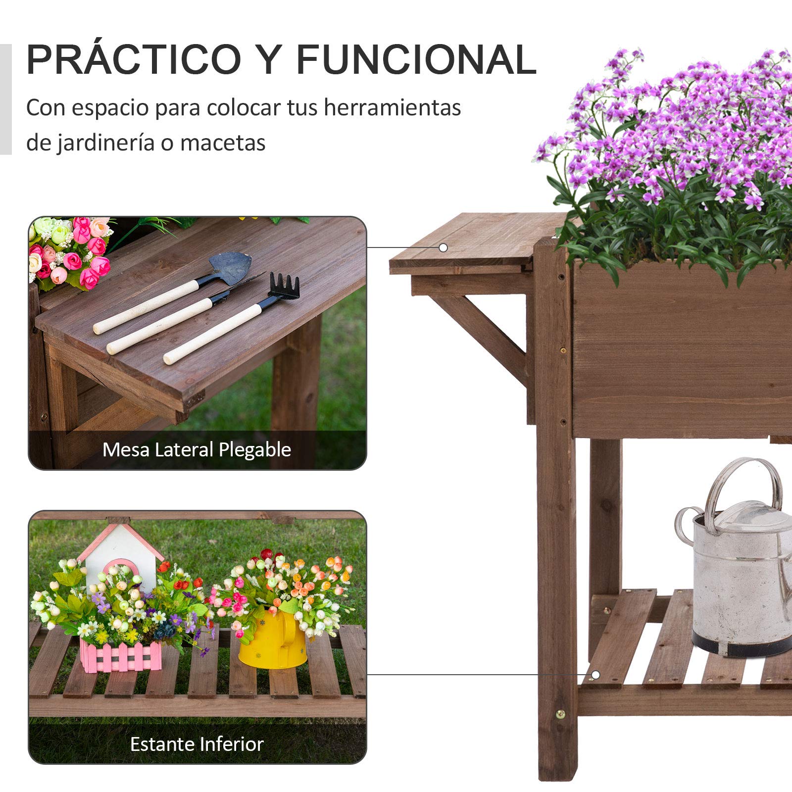 Outsunny Huerto Urbano con Estantes Jardinera Elevada de Madera Maciza para Cultivo Flores Verduras Hierbas 123x54x80 cm Marrón