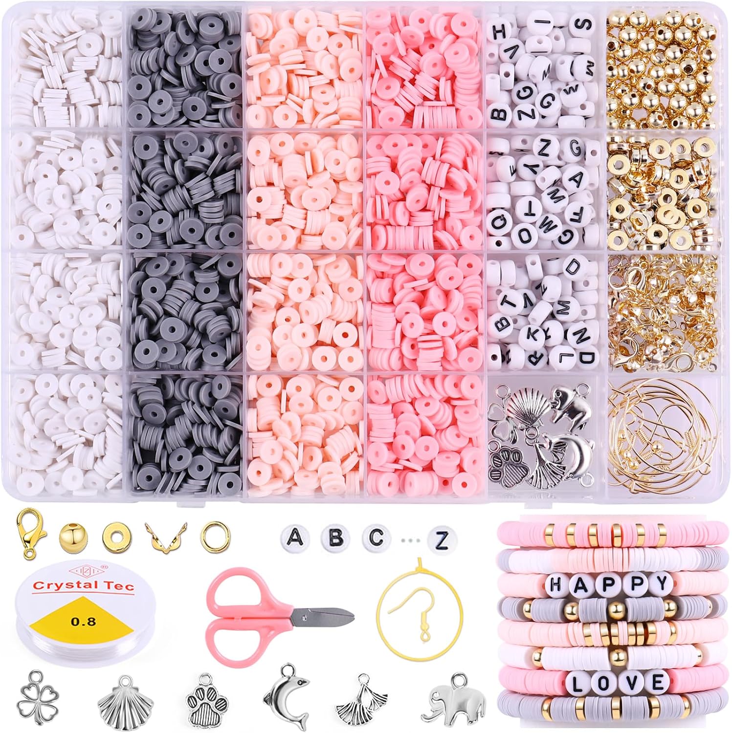 Wuollgess 3500 PCS Pink Gray Clay Beads for Bracelet Making Kit, Polymer Heishi Beads for Jewelry Making, Friendship Bracelet Kit for Adults, Spacer Letter Beads for Necklace Earring DIY