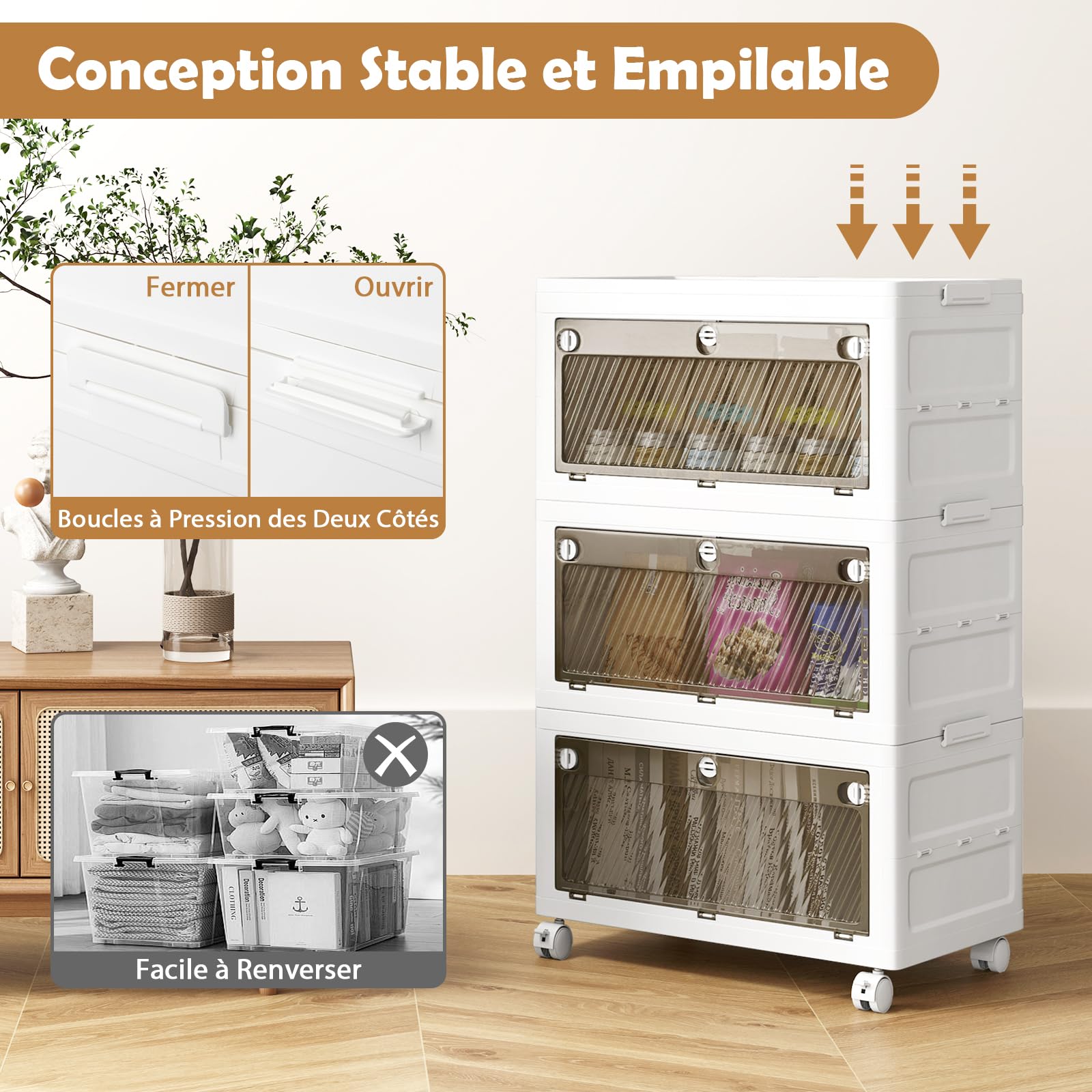Stapelbare Aufbewahrungsbox mit 3 Ebenen, 42 l pro Ebene, seitliche Clip-Verriegelungen, transparenter abschließbarer Deckel und 2 transparente Türen, ideal für Schlafzimmer und Wohnzimmer
