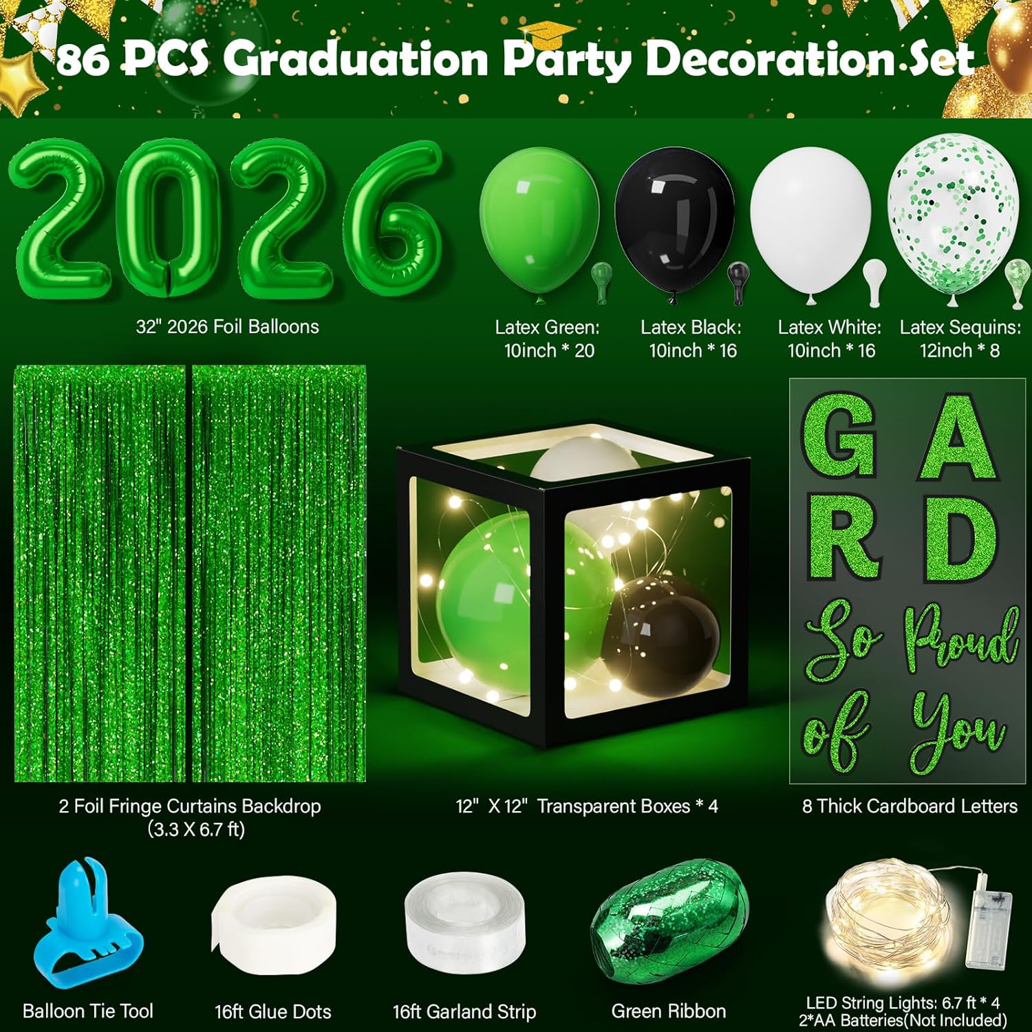 Ecomore 2026 Graduation Decorations - 86 PCS Graduation Party Decor Supplies Set Includes LED Light Strings Balloon Block Boxes with Letters Foil Curtains Backdrop 2026 Balloon Garland Kit-Black Green