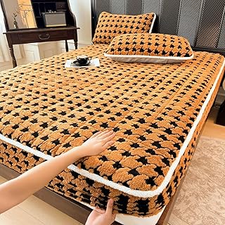 弾性ベッドシーツ 高級クイーンシーツセット ベルベットのフィットシーツ ぬいぐるみ ふわふわ すべてのベッドに(Orange,Queen)