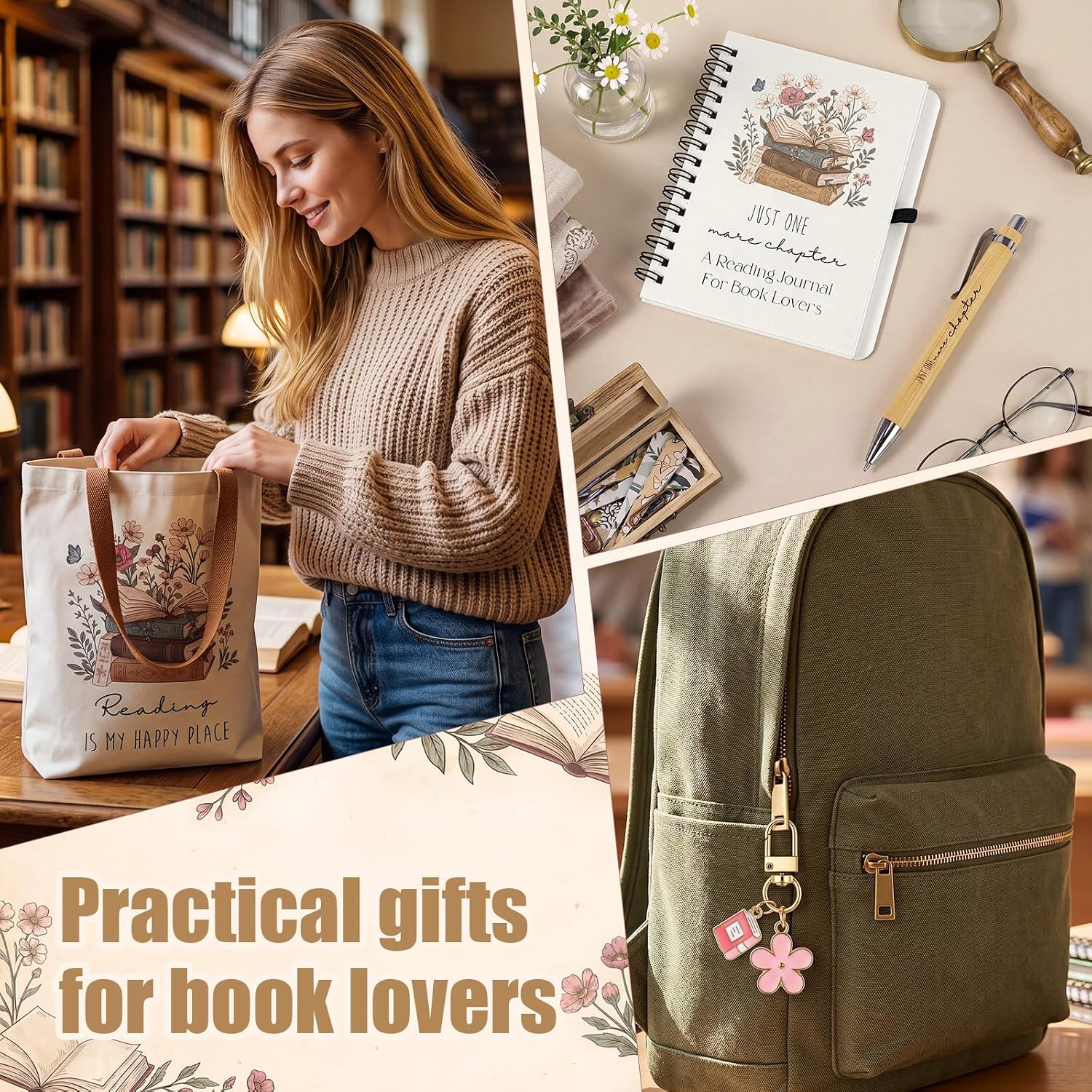 Breling 5pcs Book Lover Gifts Set for Women, Reading Gifts for Book Lovers, with Flannel Reading Blanket Tote Bag Spiral Notebook Pen Keychain for Teacher, Friends, Readers, Mother