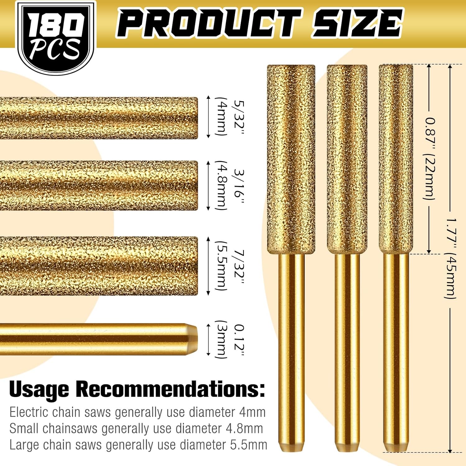 180 Pcs Diamond Chainsaw Sharpener Bits Titanium Plated Chainsaw Sharpener in 3 Size High Hardness Burr Grinding Tool Kit for Chain Jewelry Stone, 5/32", 3/16", 7/32"