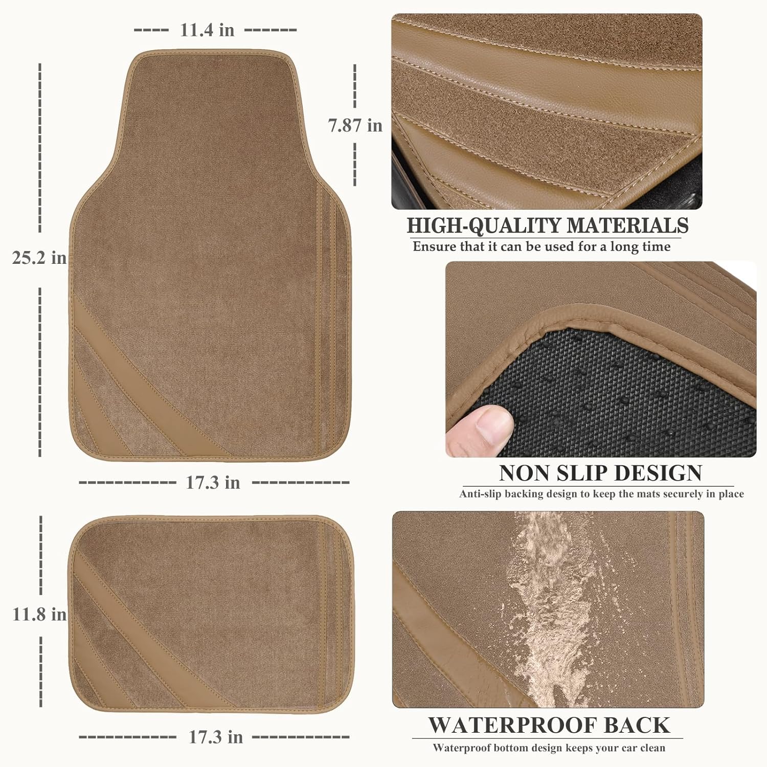 CAR PASS Beige Car Floor Mats, Edge Leather Waterproof Car Mats with Double Stitch Line and Anti-Slip Backing Design, Fit 95% Automotive,SUVS,Sedan,Vans (Pure Beige) - Image 2